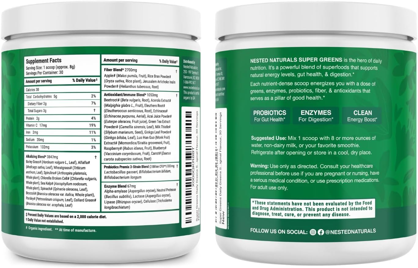 Nested Naturals Super Greens Daily Superfood Powder - Certified USDA Organic Green Powder w/20+ Whole Foods, Spirulina Powder,Wheat & Barley Grass - Probiotics, Fiber & Enzymes - Original Flavour, 30