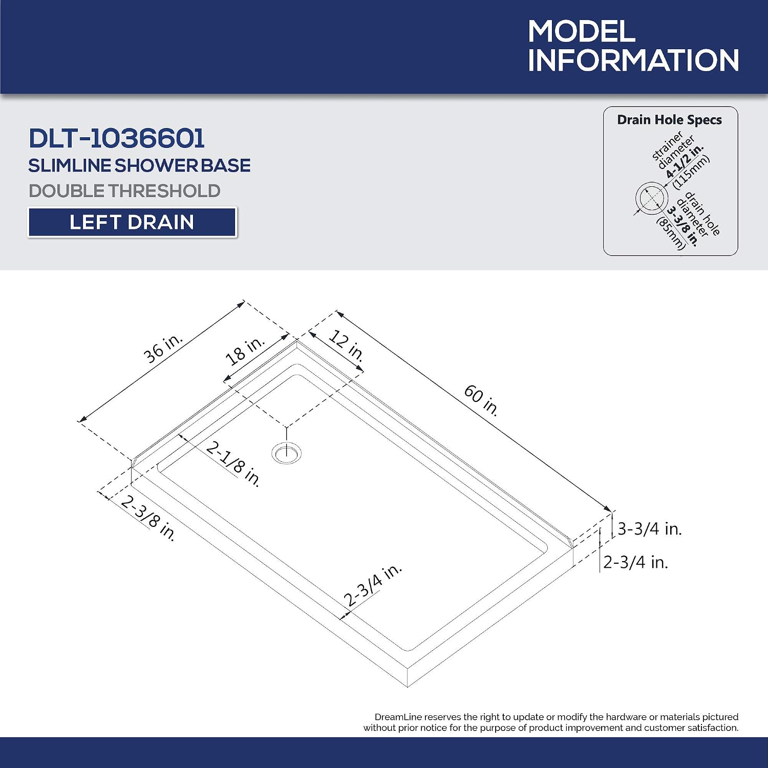 DreamLine SlimLine 34 in. D x 48 in. W x 2 3/4 in. H Right Drain Double Threshold Shower Base in White, DLT-1034482