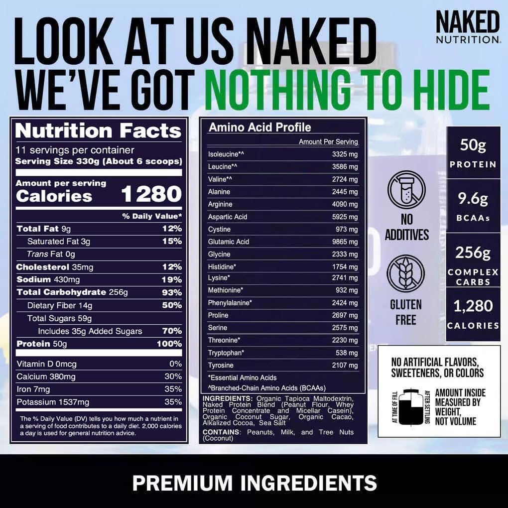 NAKED Mass - Natural Weight Gainer Protein Powder - 8 LB Bulk, NSF Certified, GMO Free, Gluten Free & Soy Free. No Artificial Ingredients - 1,250 Calories per Serving