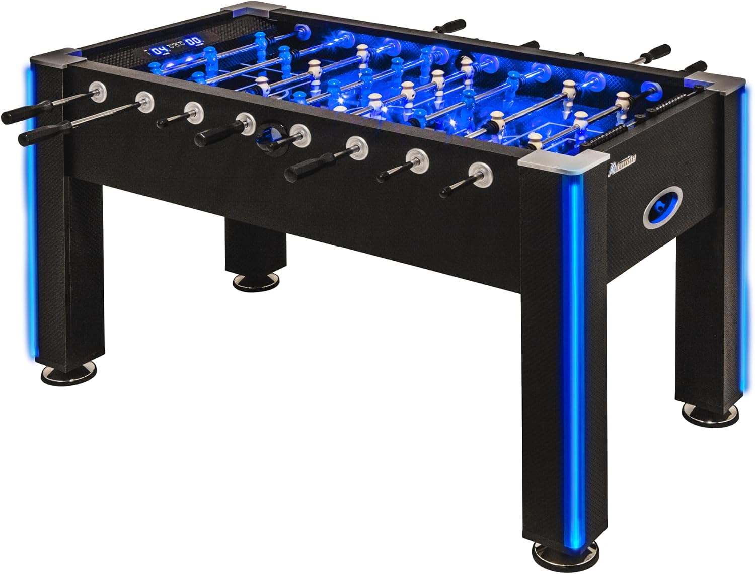 Atomic Azure LED Foosball Table – Light Up Arcade Style Table with In-Rail LED Lighting, Music, Electronic Scoring, Glow Foosball