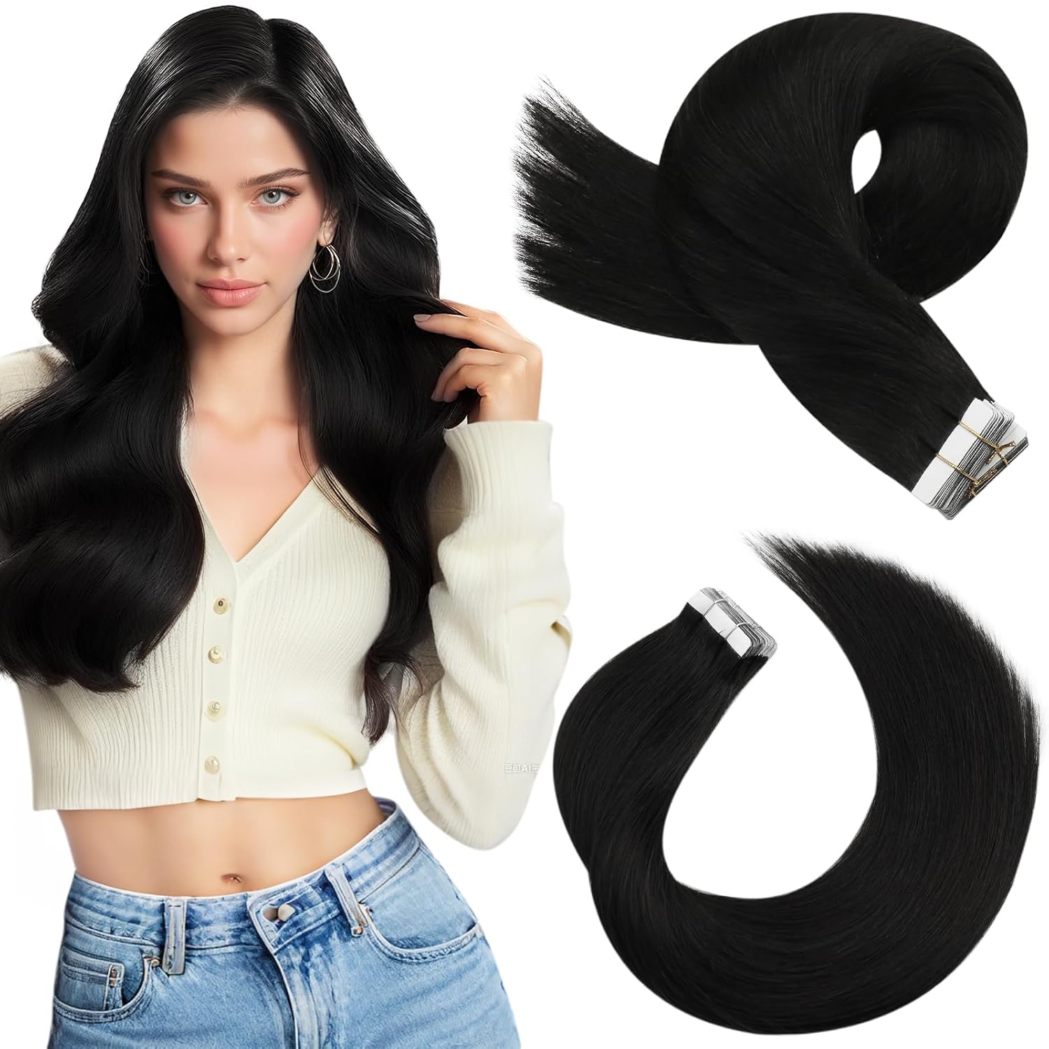 Moresoo Black Tape in Hair Extensions Human Hair, 18 Inch, 20Pcs, 50g