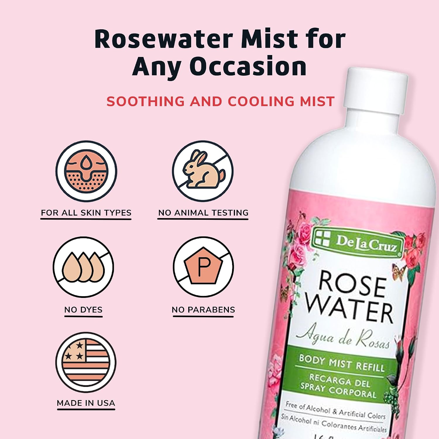De La Cruz Rose Water Body & Hair Mist, 8 fl. oz Spray (236 mL) | Rose Water Spray, With Rose Flower Extract, Face, Hair & Body Mist, Home Mist, Alcohol Free, Refreshing & Soothing