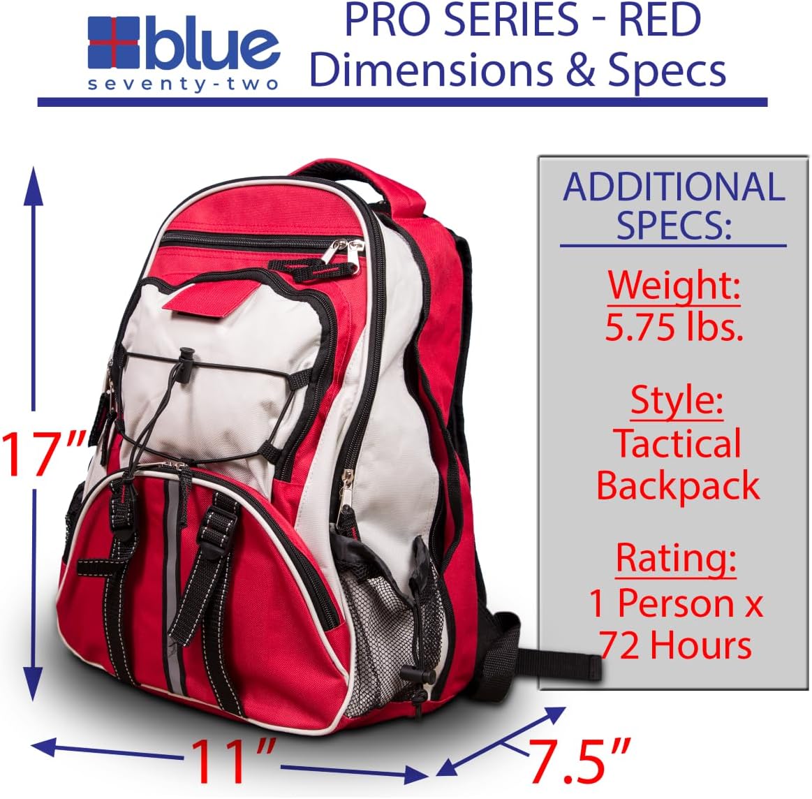 Blue Seventy-Two - Pro Series - Red Deluxe 72 Hour Emergency Backpack Survival Kit for 1 Person | Survival Kits for Emergencies (Includes Water