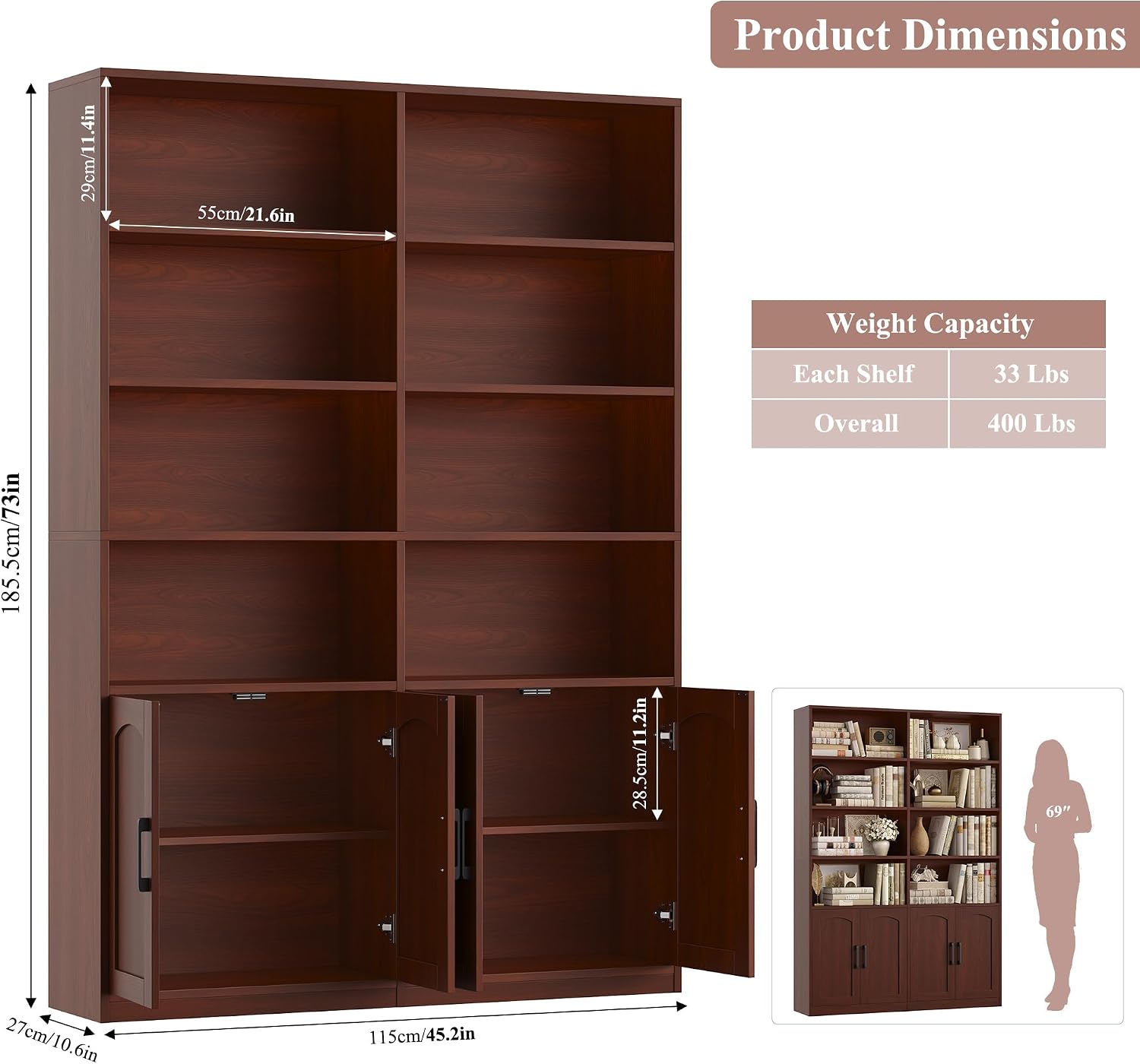 Bookshelf and Bookcase with Doors, Double Wide Large Bookshelves | Industrial Open Display Shelves 6 Tier, 73'' Tall Bookshelf with Storage Cabinets for Office,Home, Living Room, Library,White