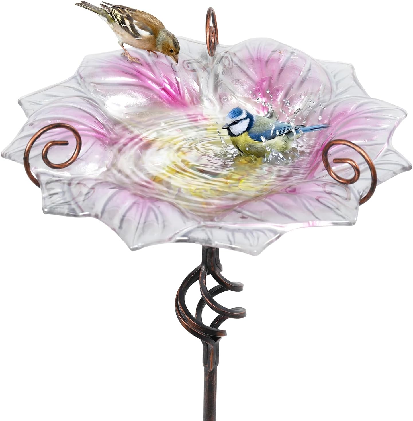 VCUTEKA Glass Bird Bath Outdoor Birdfeeder with Metal Stake Garden Decor