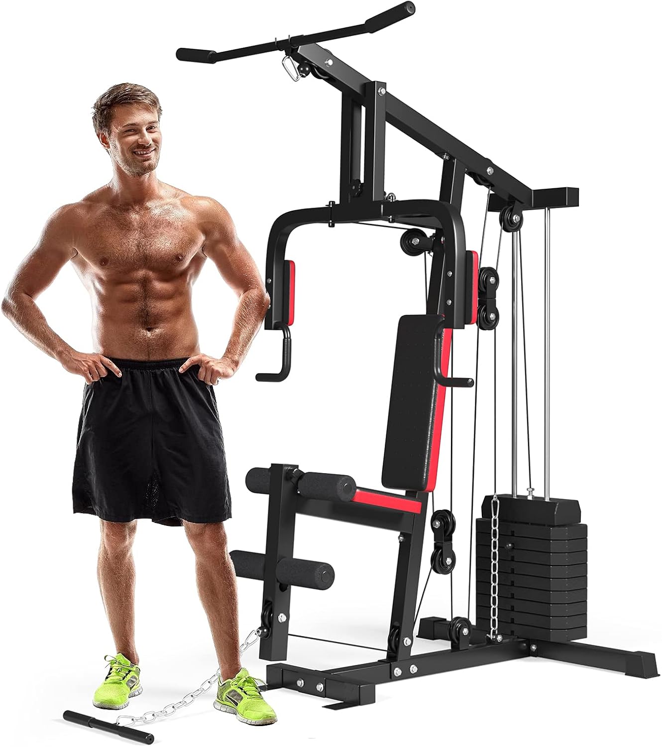 GYMAX Home Gym, Multifunctional Workout Equipment with Leg Extension, Pulley System & 100lbs Weight Stack, Full Body Strength Training Machine