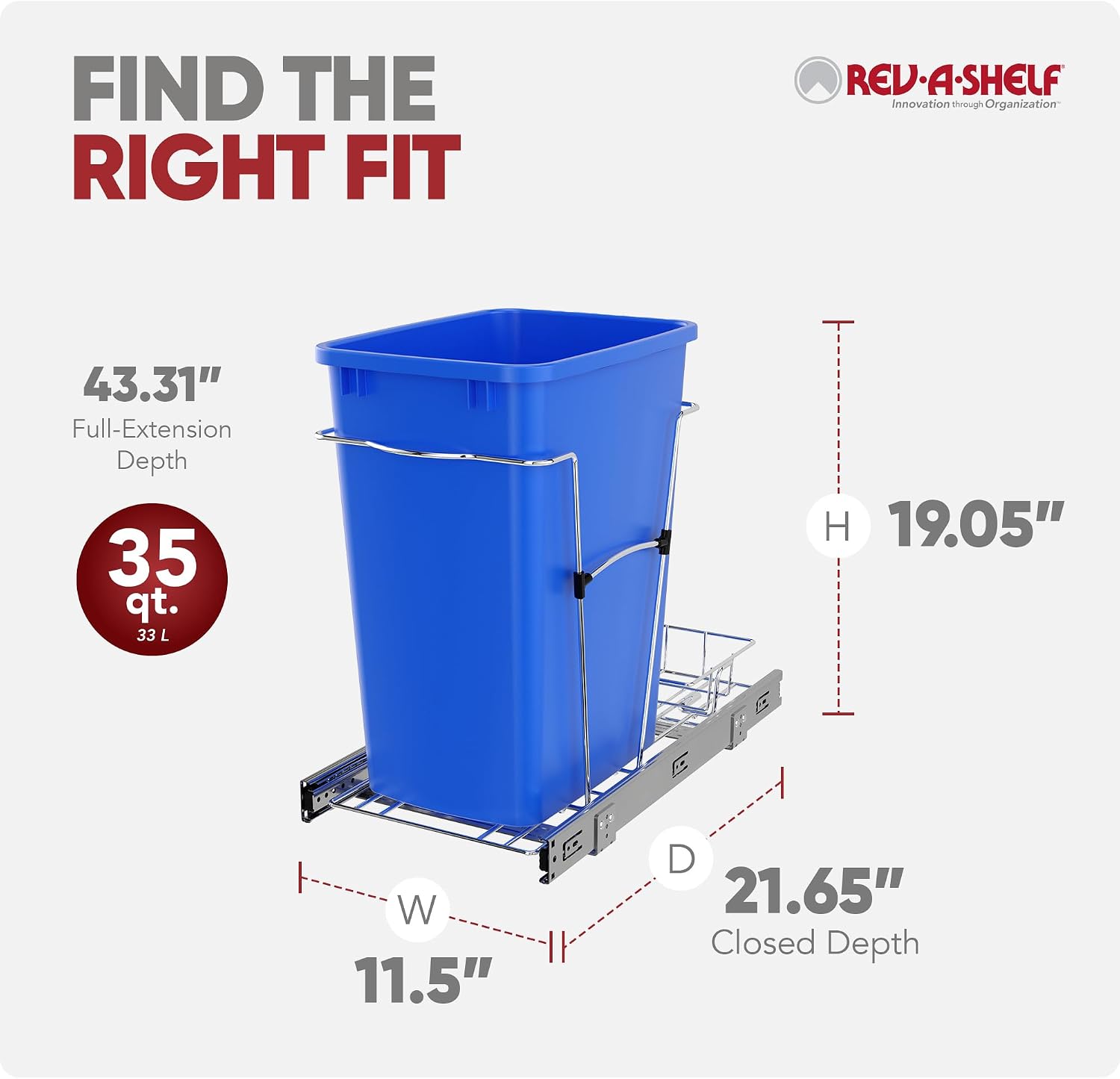 Rev-A-Shelf Pullout Trash Can for Kitchen Cabinets, Black Waste Bin, 35 Qt | Large Capacity Garbage/ Recycling Waste Container, Heavy Gauge Metal Wire Construction w/Full Extension Slides, RV-12KD-18C S