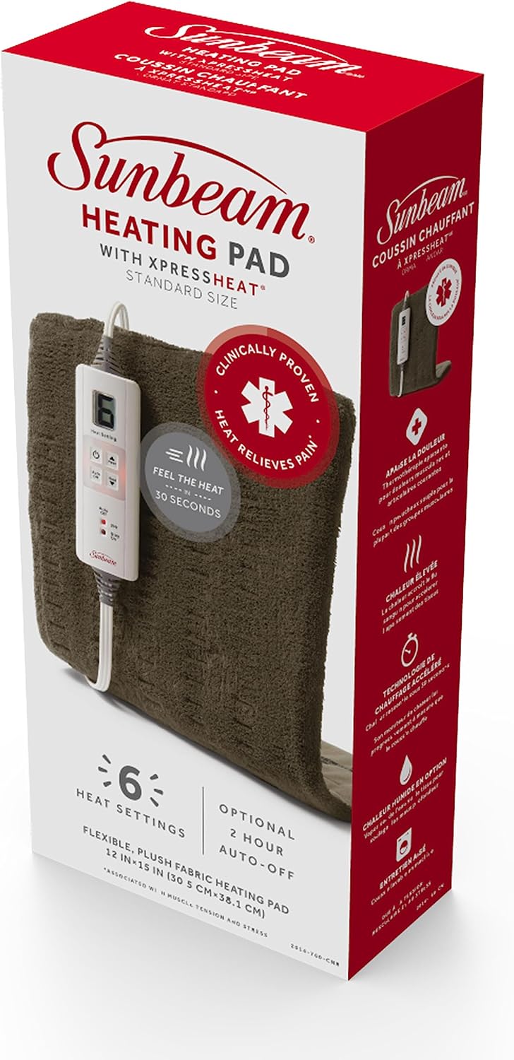 Sunbeam Premium Heating Pad with XpressHeat Technology, Standard Size, Brown
