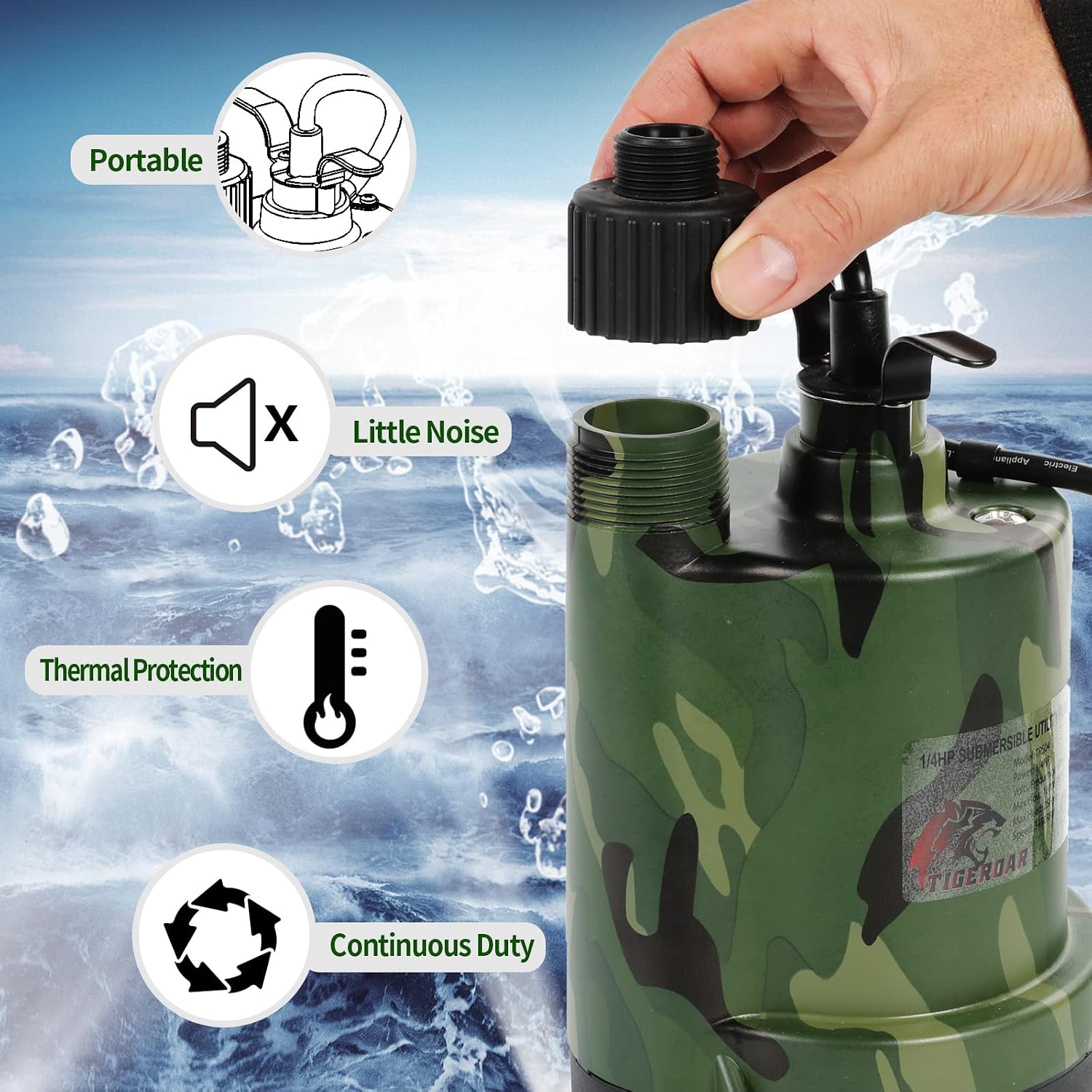 TIGEROAR 120V Submersible Pump 1/4 HP Water Transfer Pump 1800 GPH | Electric Pond Pool Pump Utility Pump with 10 ft. Cord Anticorrosive Plastic