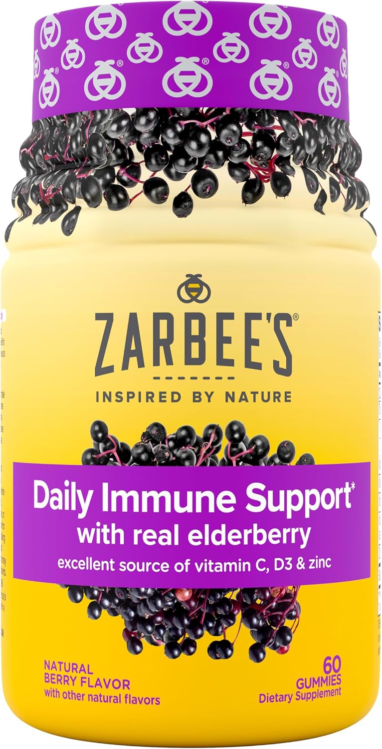 Zarbee's Kids Elderberry Immune Support Gummies, 60 ct | For Kids Ages 12+ Years, Real Elderberry, Vitamins A, C, D3, E & Zinc, No Artificial Sweeteners or HFCS