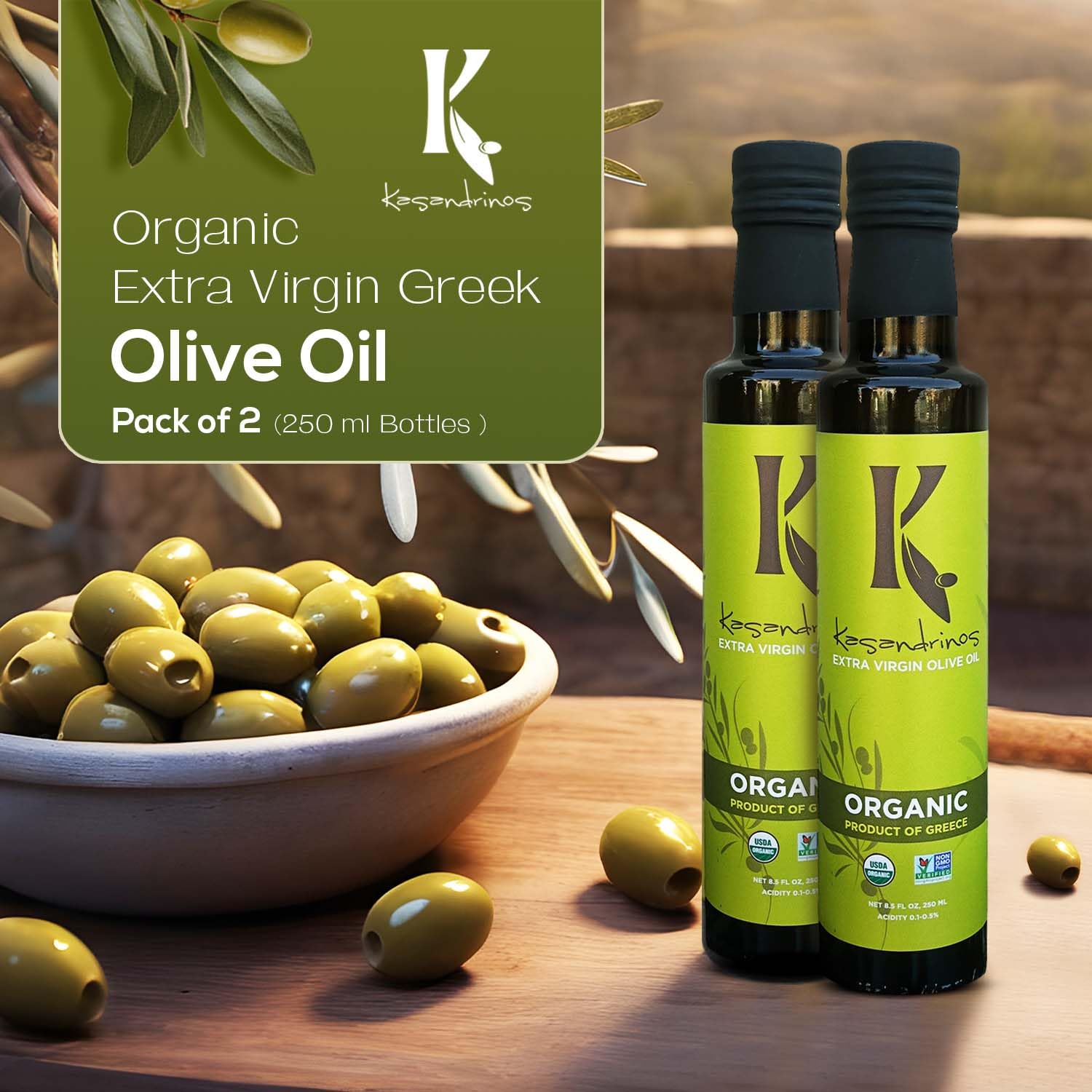 Kasandrinos Organic Olive Oil Extra Virgin, Polyphenol Rich Greek Olive Oil, 100% Organic First Cold Pressed, Mild + Delicate Flavor, Verified by Non GMO, 500 ml / 16.9 oz