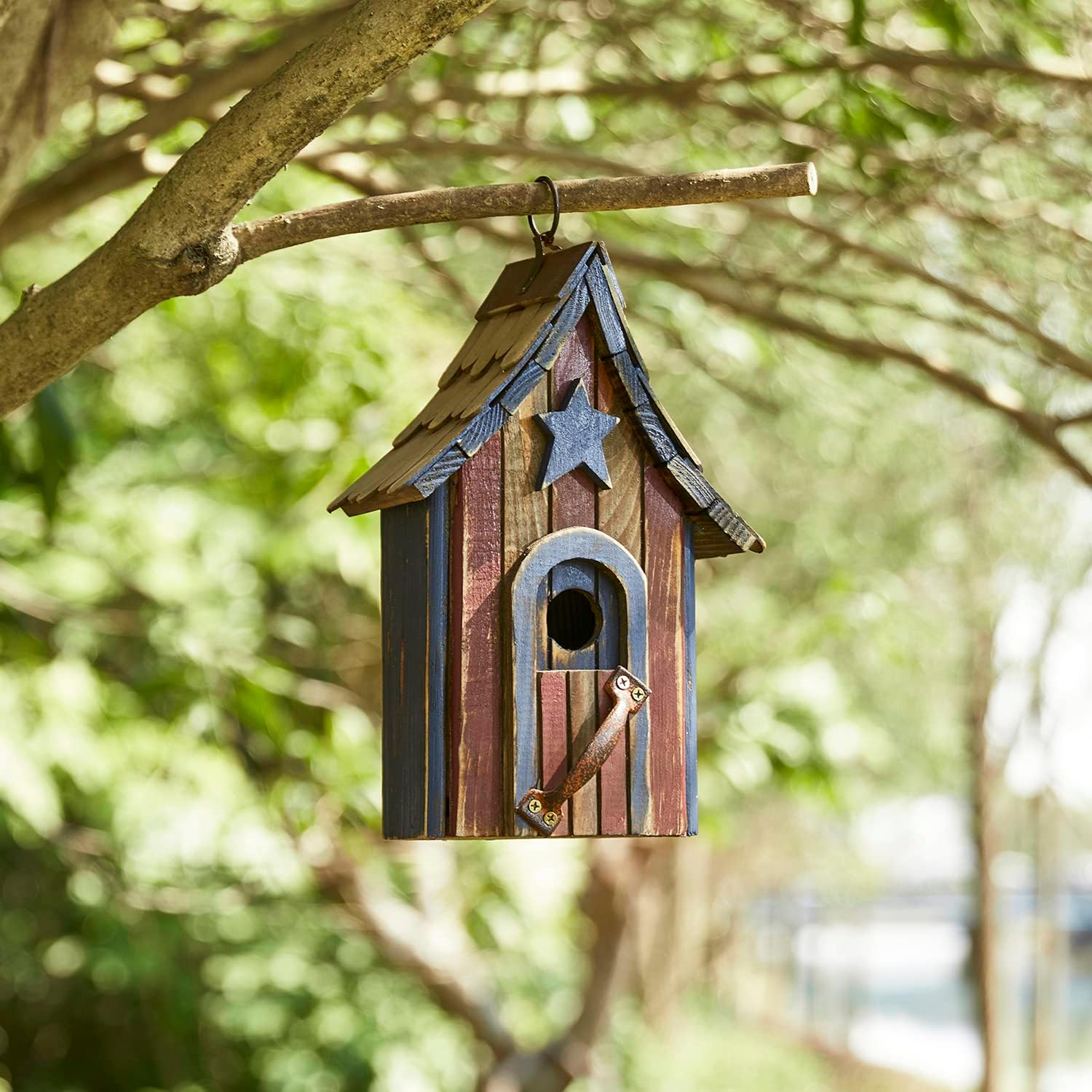 Glitzhome Birdhouses for Outdoors, Green Hand Painted Garden Wooden Bird House with Single Roof Hanging Bird House for Outside
