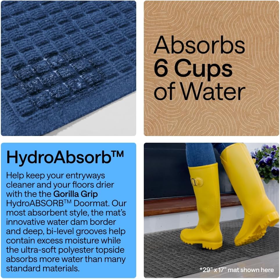 GORILLA GRIP® HydroABSORB Door Mat for Indoor Outdoor Use, 29x17 Black