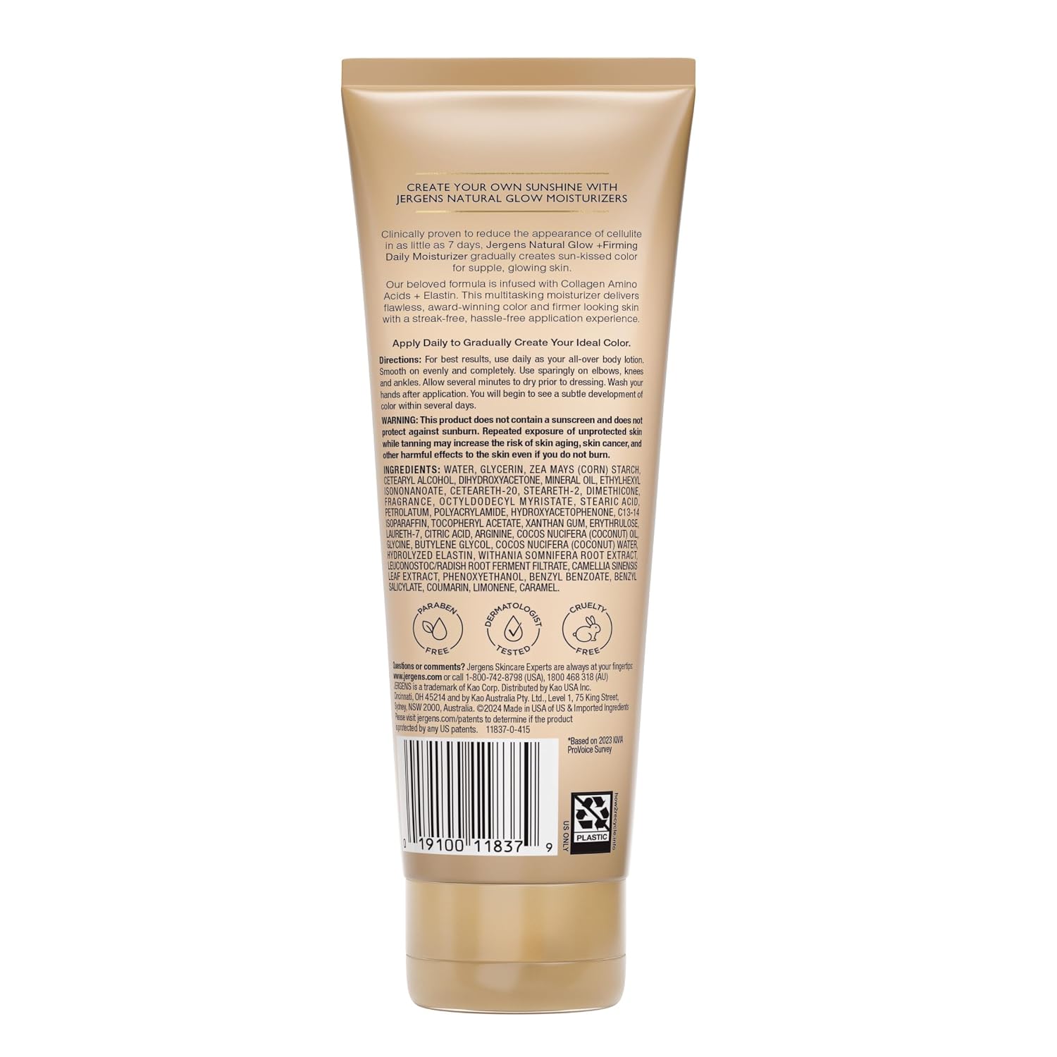 Jergens Natural Glow +Firming Self Tanner Body Lotion, Fair to Medium Skin Tone, Sunless Tanning Moisturizer with Collagen and Elastin. Helps to Visibly Reduce Cellulite, 7.5 Fl Oz | Sunless Tanning Moisturizer, Collagen and Elastin Formula, Reduces Cell…