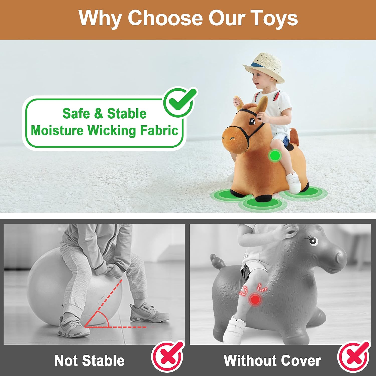 Bouncy Pals Toddler Horse Hopper Toy, Kids Outdoor Ride Bounce Farm Animal | Inflatable Bouncing Hopping Toy, Indoor Baby Plush Bouncer Horse, Birthday Gift for 18 Month 2 3 4 Year Old Child Boys Girls