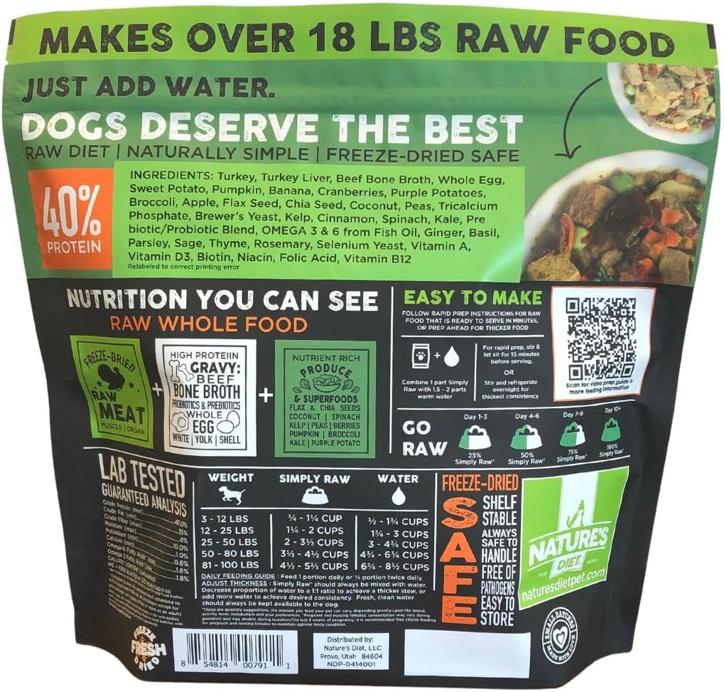 Nature's Diet Simply Raw Freeze-Dried Whole Food Meal - Makes 18 Lbs Fresh Food with Muscle, Organ, Bone Broth, Whole Egg, Superfoods