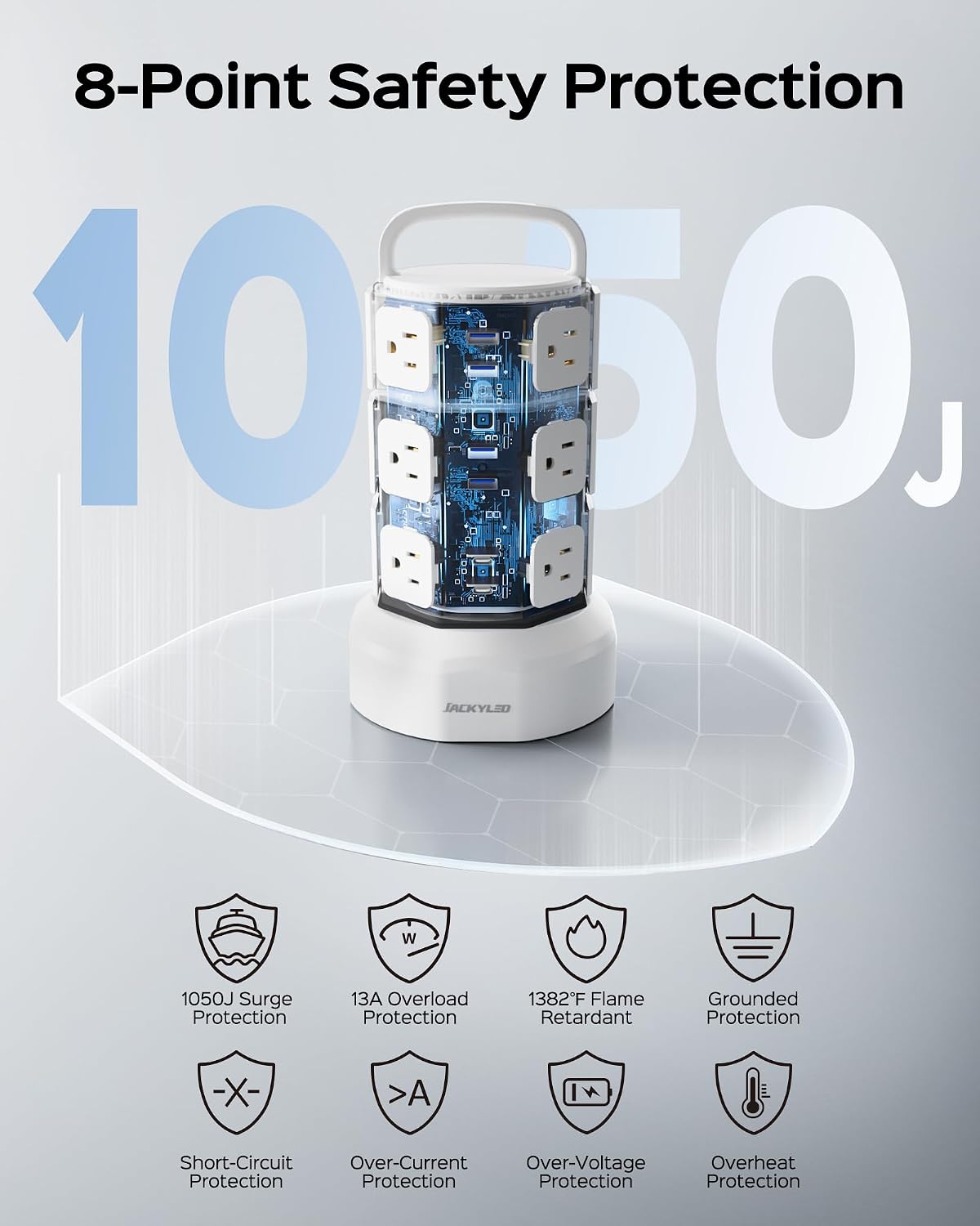 JACKYLED Power Strip Tower Surge Protector, 12 AC 6 USB (2 USB C), 1050J