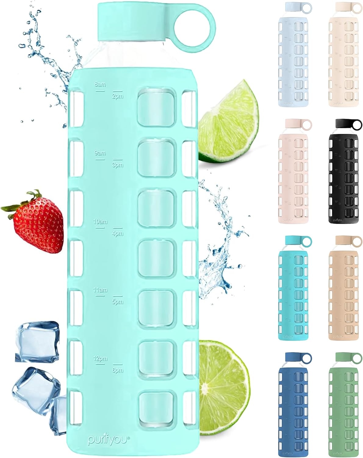 purifyou 40oz / 32oz / 22oz / 12oz Borosilicate Glass Water Bottle with Time & Volume Markers, Silicone Sleeve