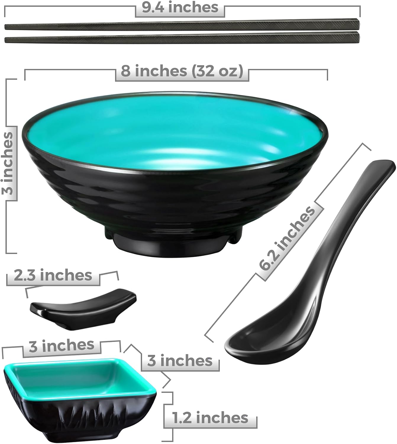 Unbreakable Ramen Bowl Set with Chopsticks and Spoon: 2 large Japanese Style Melamine Ramen Bowls