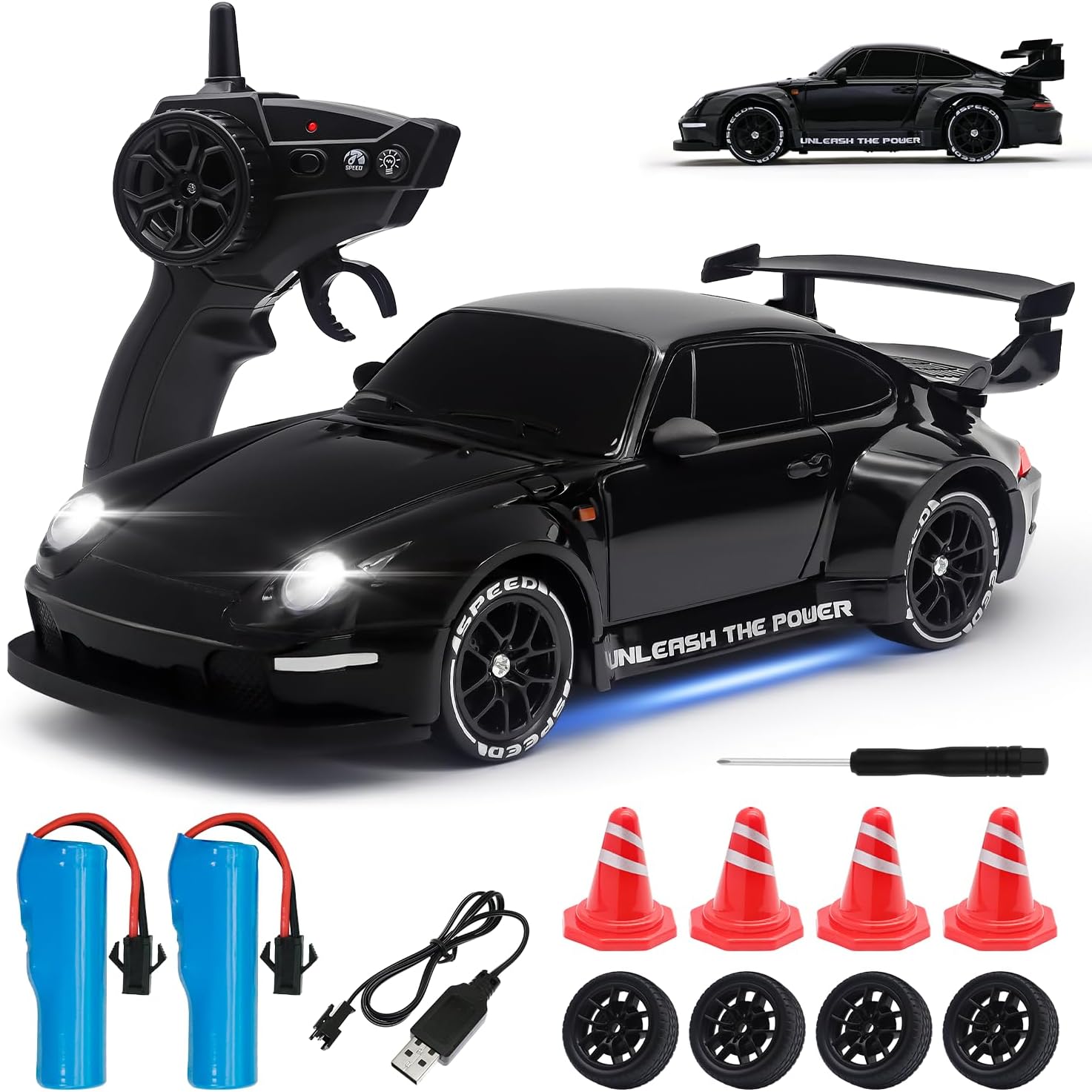 RC Drift Car,1:24 Scale Remote Control Car, 2.4GHz 20KM/H 4WD High Speed RC Cars for Kids with LED Light, Two Batteries,Drifting Tires,Racing Vehicle Toy for Adults Boys Girls Gray