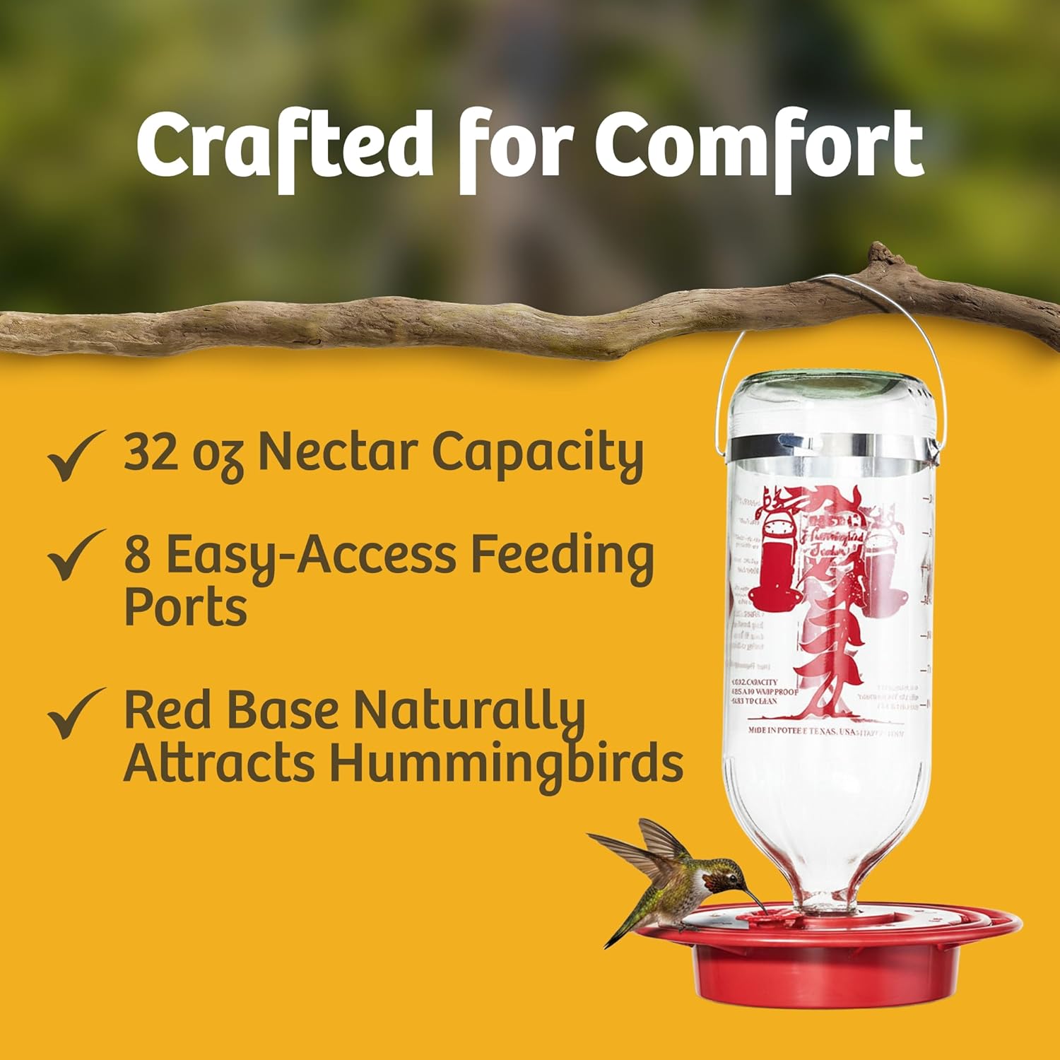 Birds Choice Best-1 Hummingbird Feeder | 32oz Nectar Capacity | Clear | Wide-Mouth Bottle for Easy Filling and Cleaning, Multiple Feeding Ports