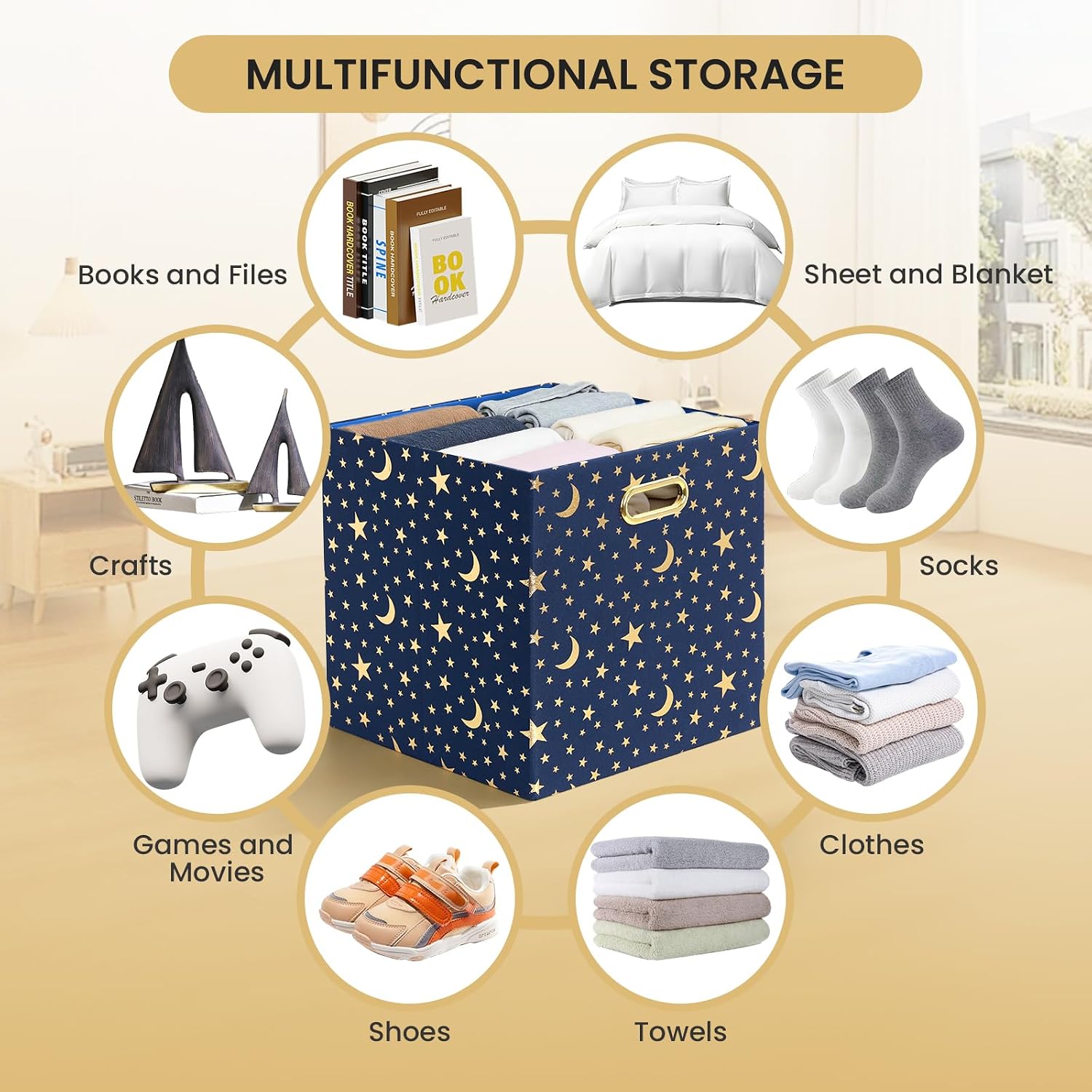 Posprica Storage Bins, Storage Cubes,13×13 Fabric Drawers Organizer Basket Boxes Containers (13×13×13/4pcs, Cream/gold geometry Pattern)
