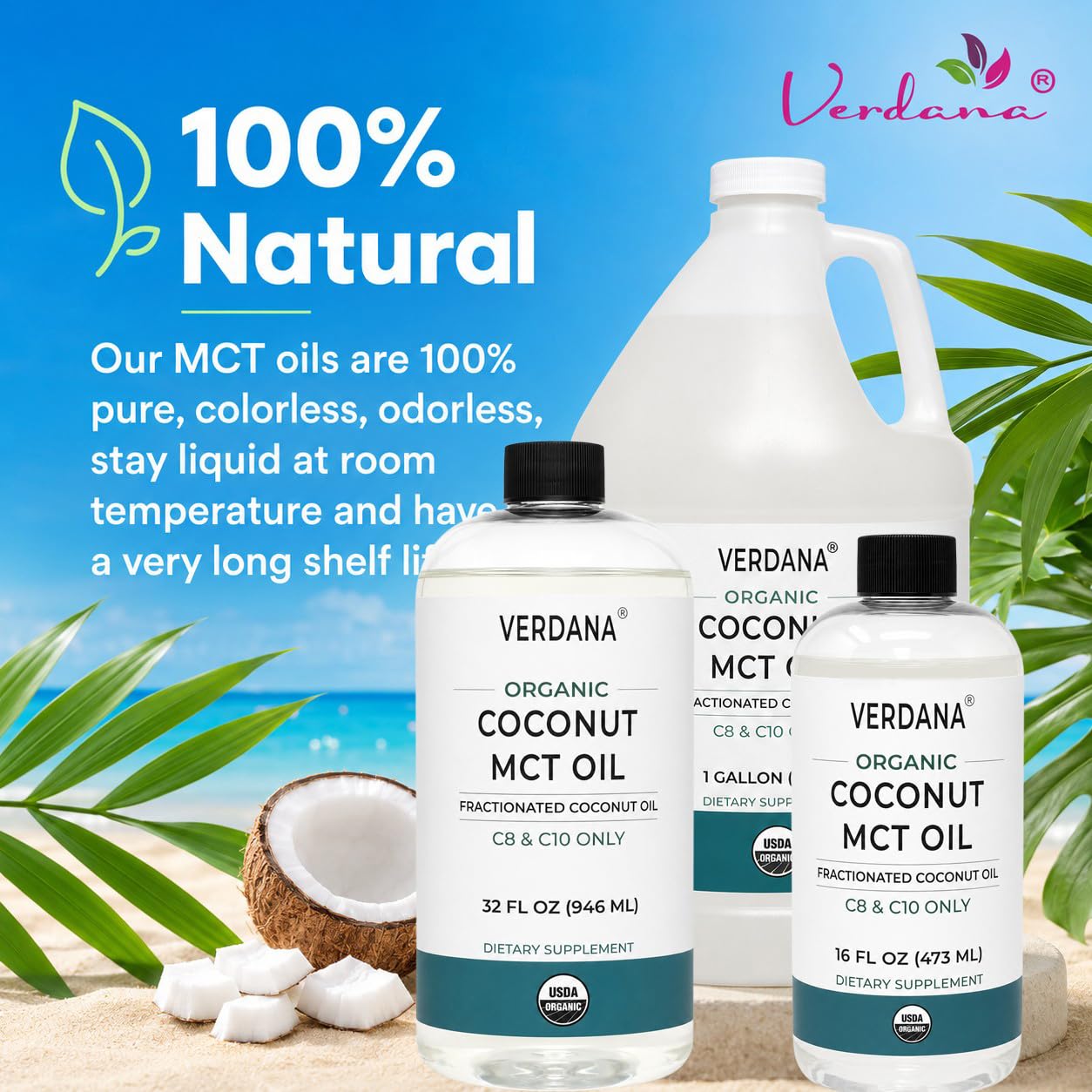 Verdana USDA Certified Organic Coconut MCT Oil –Fractionated Coconut Oil – No Palm Kernel Used – Kosher, Food Grade