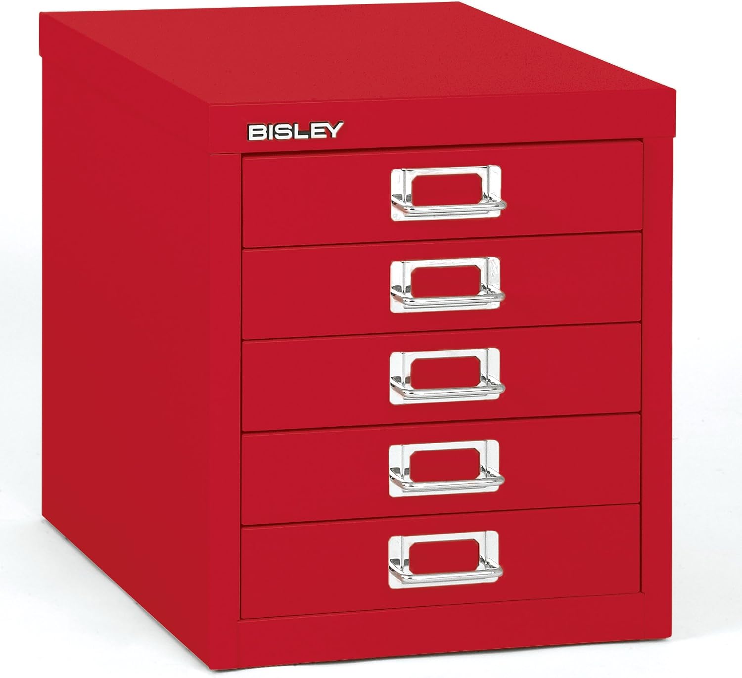 5-Drawer Steel MultiDrawer Cabinet - Orange, by Bisley | Chrome Pull Handles with Label Holders, Powder-Coated Steel, Removable Drawers, Desktop Storage, Labels Included