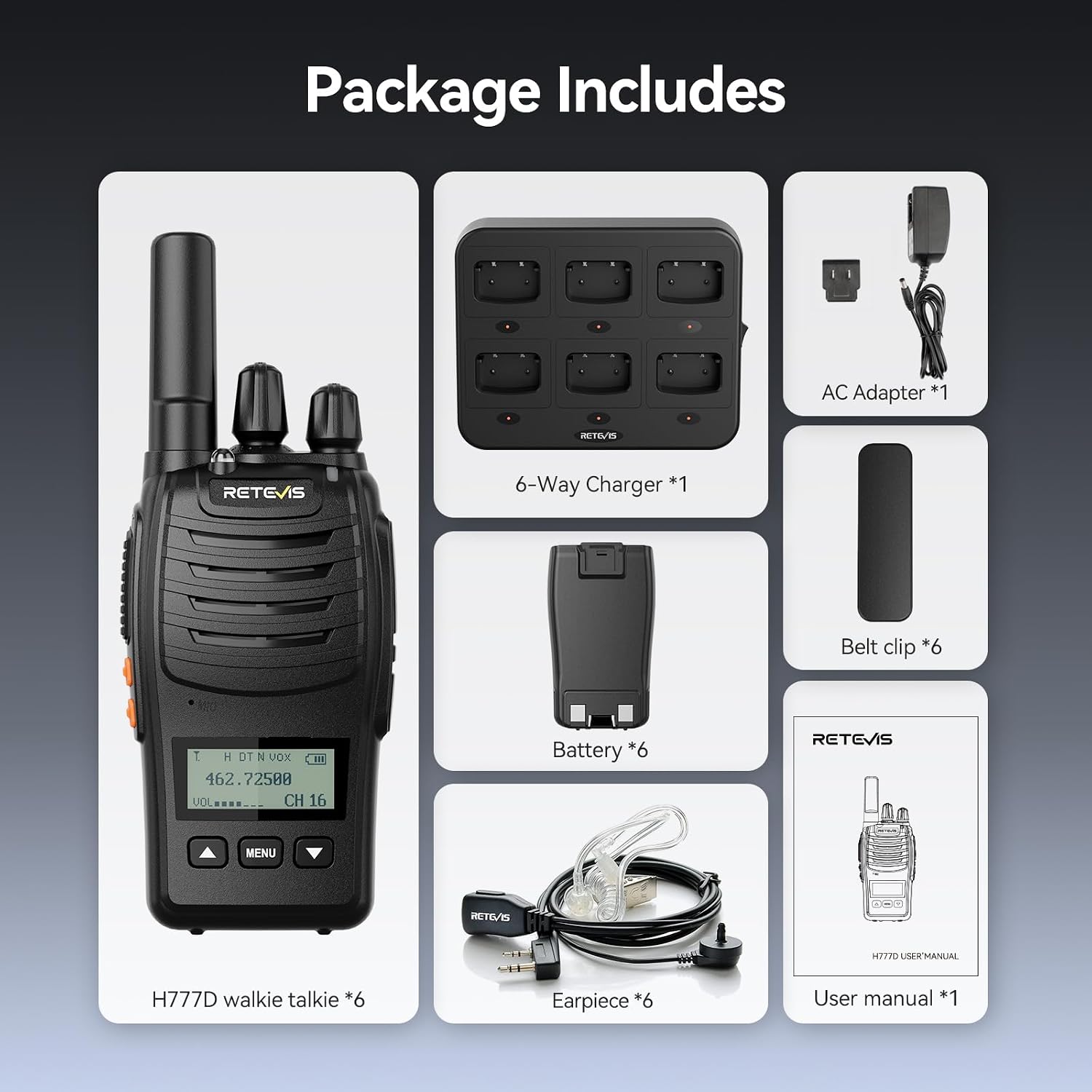 Retevis H777H Walkie Talkies with Earpeice,Portable FRS-Two Way Radio 6Pack | For Schools, Shatterproof Hidden Display, 6-Way Charger, USB-C, Emergency Alarm, Flashlight, with Stretchable Coiled Headset