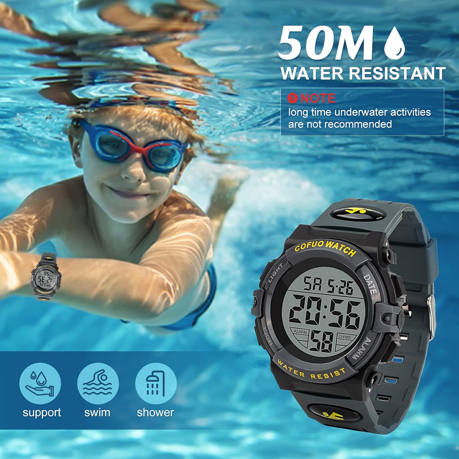 cofuo Kids Digital Watch for Boys Girls, Boys Watches Ages 3-17,Sport Outdoor Watch for Kid, 50M Waterproof Analog Multifunctional Chronograph LED Alarm Stopwatch Silicone Band, Kids Gift