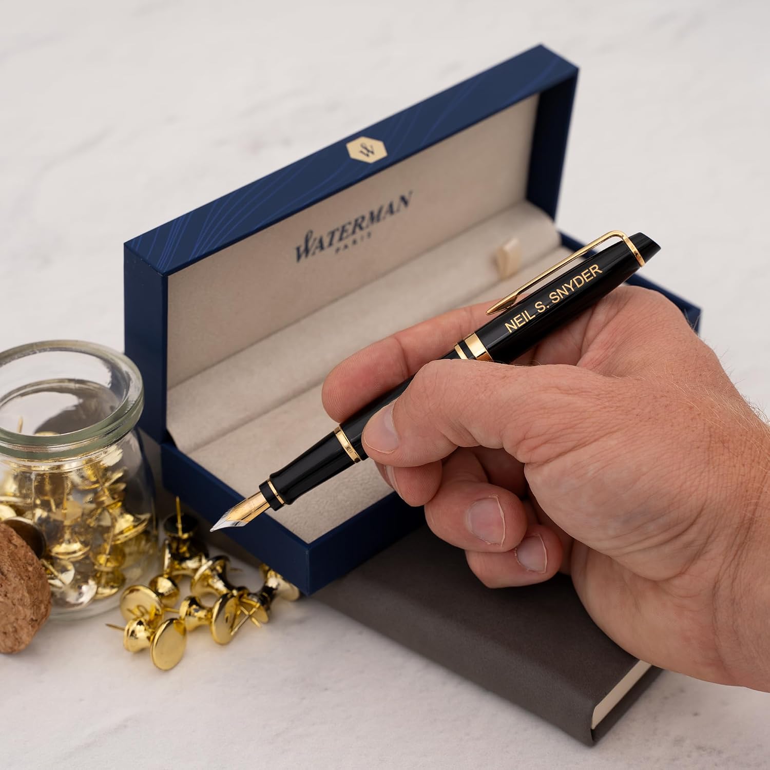 Waterman Expert Fountain Pen, Black Lacquer with 23k Gold Trim, Custom Engraved — Retirement, Board Recognition, or Executive Gift