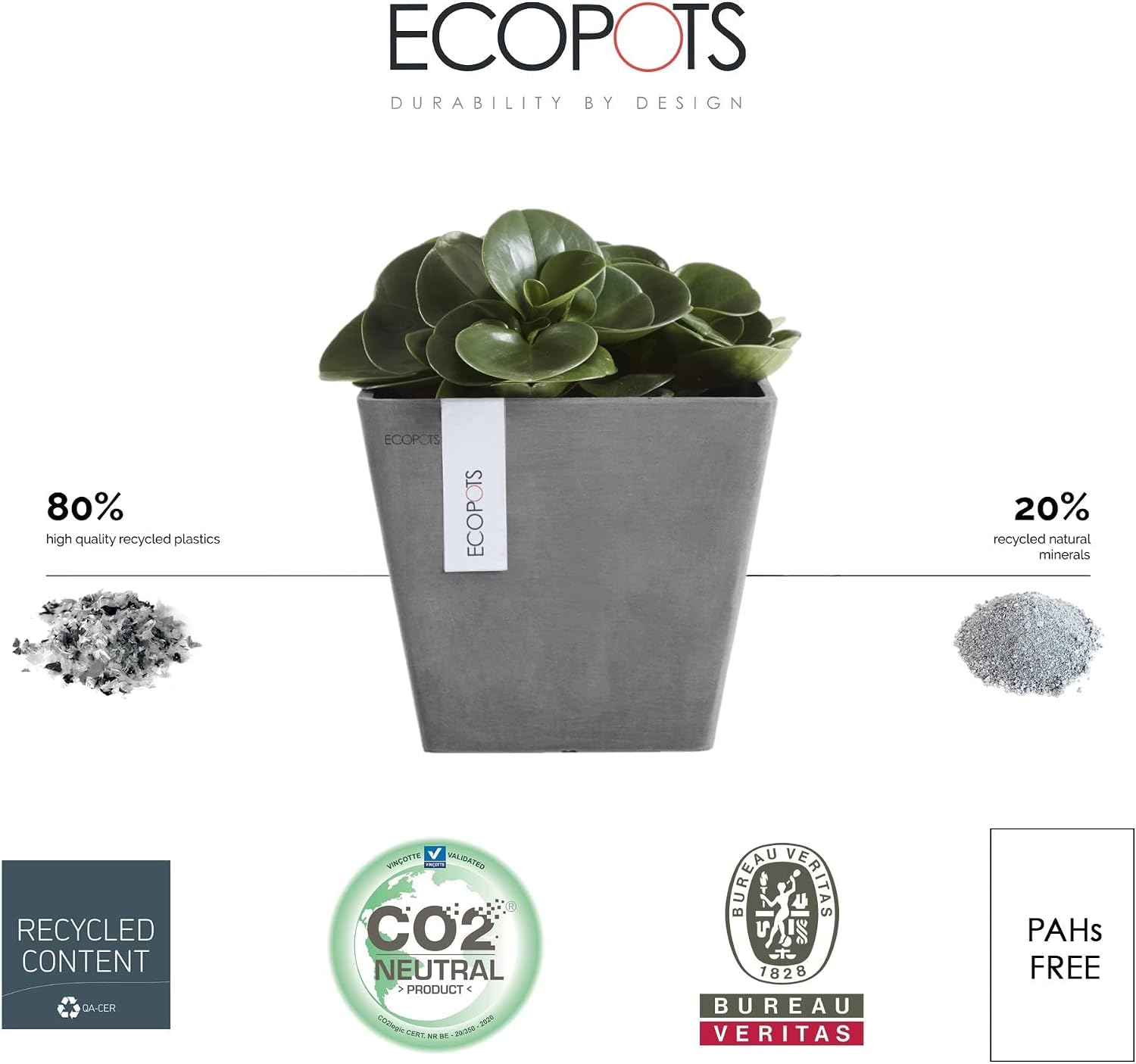 Ecopots Rotterdam Square Flower Planter, White Grey, 8" | Modern Style, Durable Recycled-Based Composite Construction, Weather and UV-Resistant, for Indoor/Outdoor Use