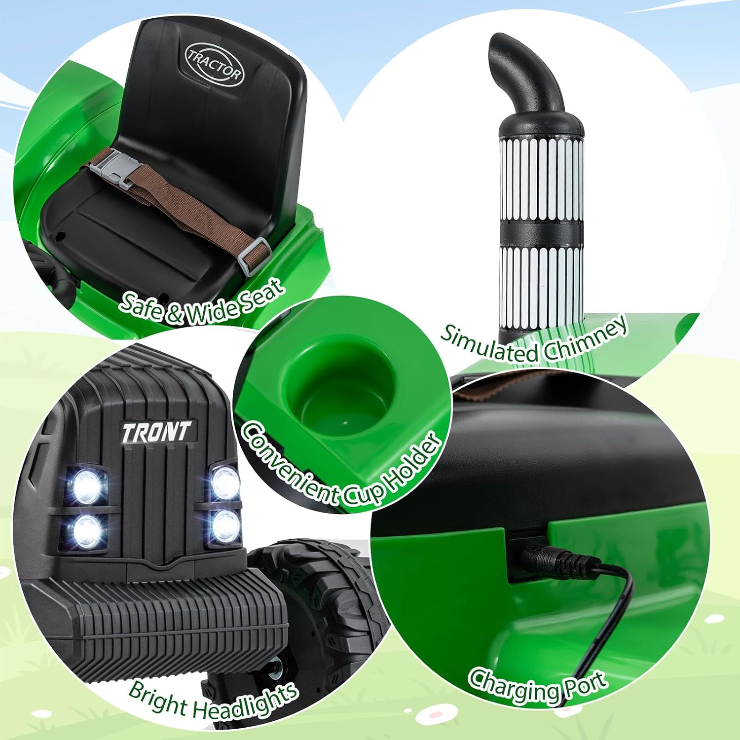 Costzon Ride on Tractor with Detachable Trailer, Kids' Electric Vehicles w/3-Gear-Shift Ground Loader, Wireless Design & USB, 7 LED Headlights