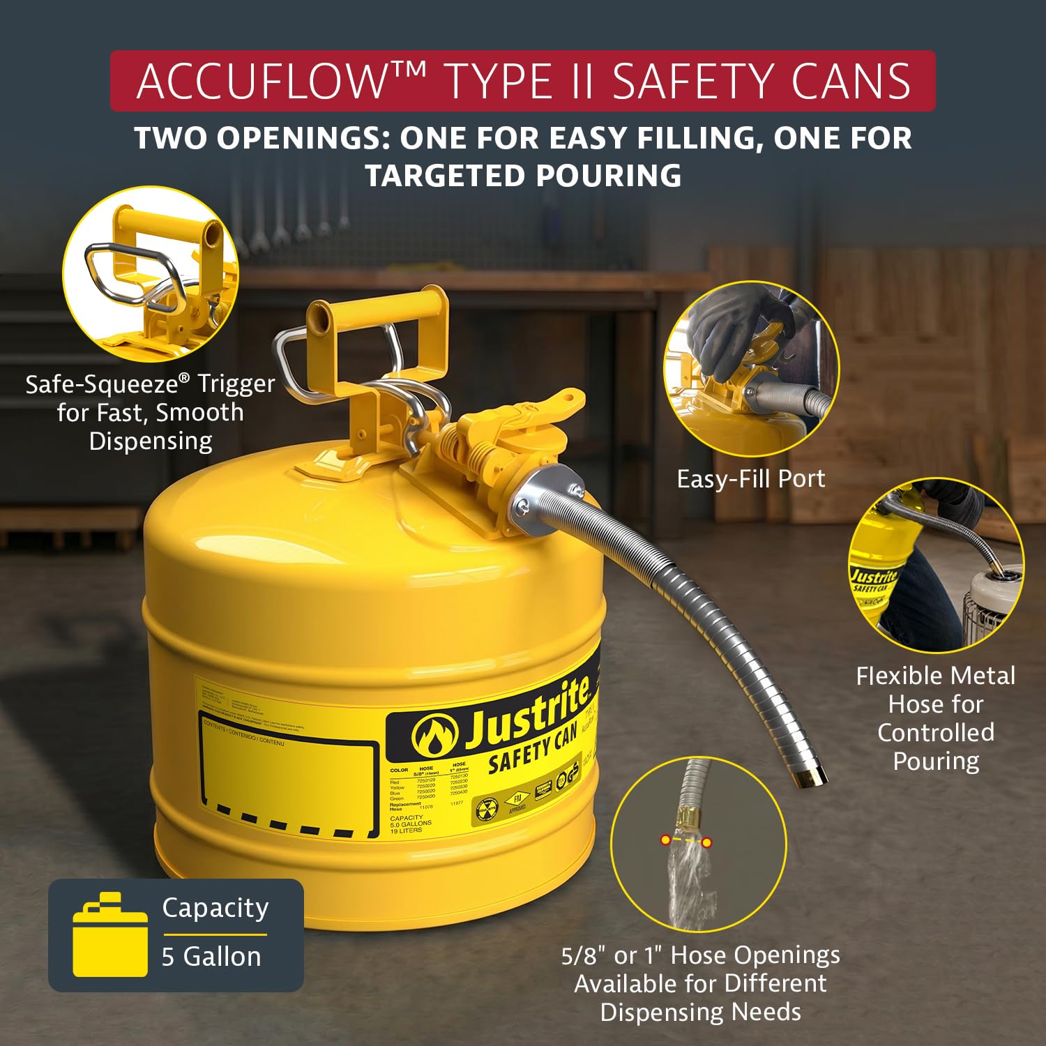 Justrite Type II Diesel Fuel Can, Yellow Galvanized Steel, FM Approved | Flammable Liquid Storage Can with Controlled Pouring, 5 Gallon Capacity
