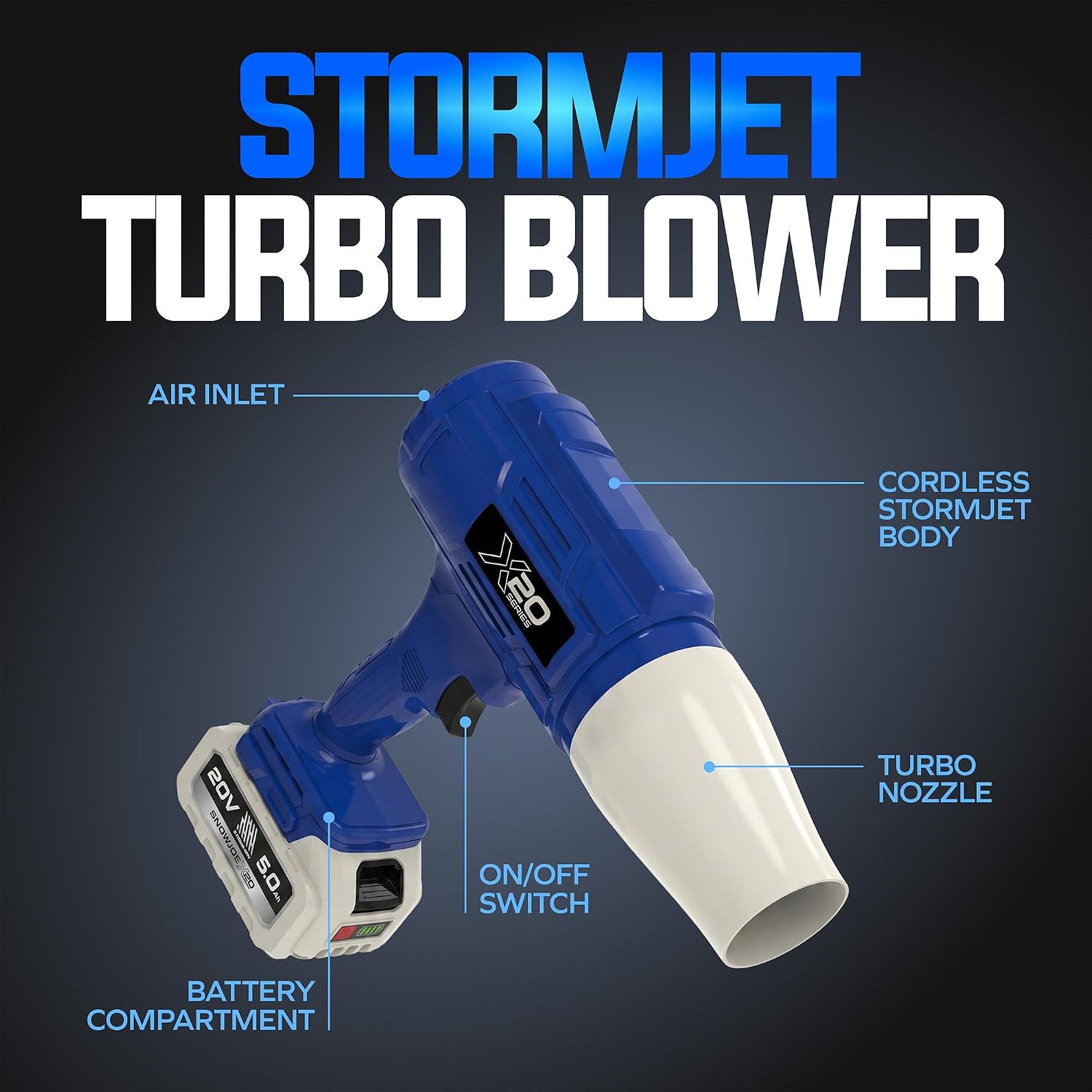 Sun Joe 20V ECOSHARP X20 StormJet Cordless Turbo Blower, 40 CFM Handheld Leaf and Dust Blower with 5.0Ah Battery and Charger, Blue, GO-SRMJET-5A-BLU