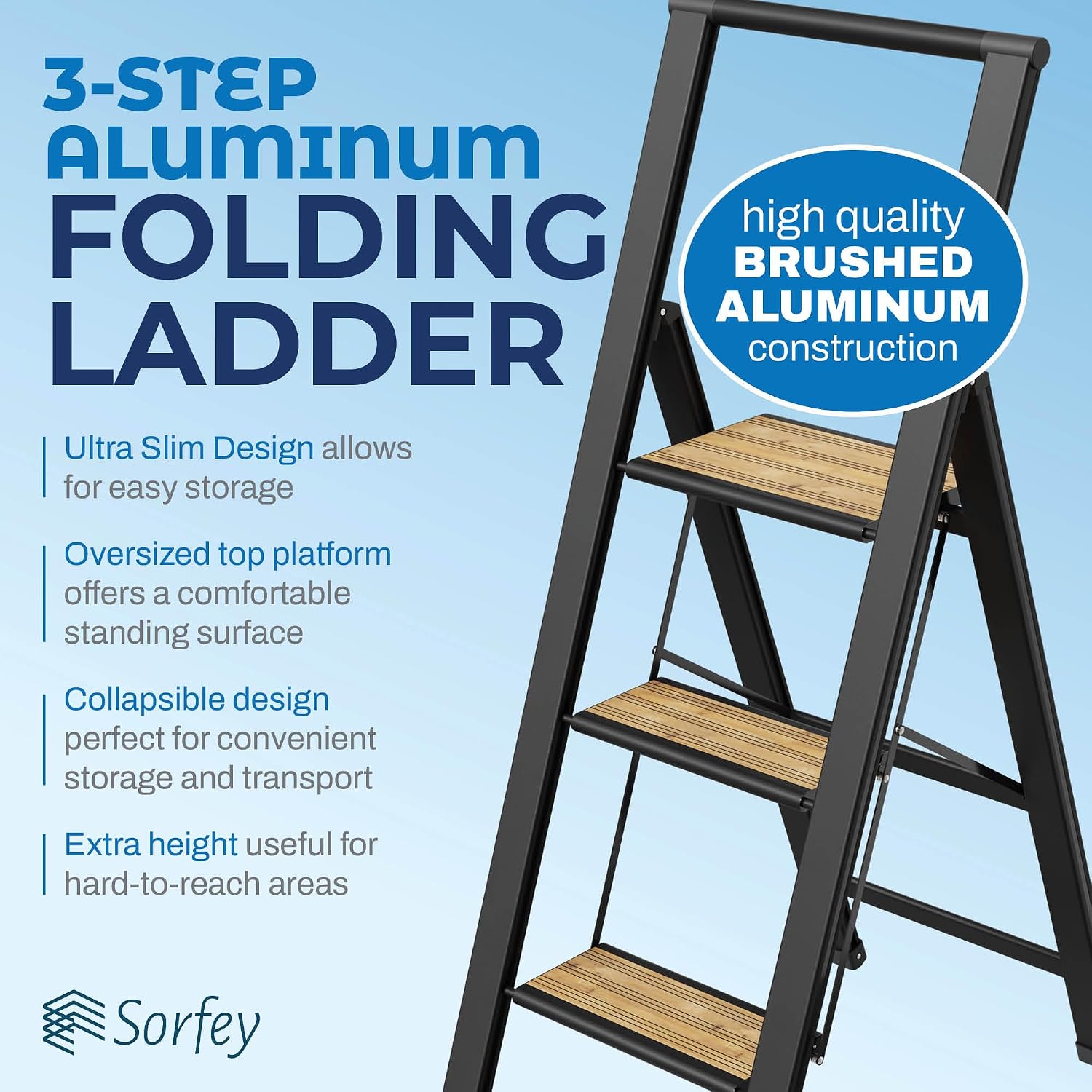 Step Ladder 2 Step Folding, Decorative - Beautiful Bamboo & Silver Aluminum, Ultra Slim Profile, Anti Slip Steps, Sturdy-Portable for Home, Office