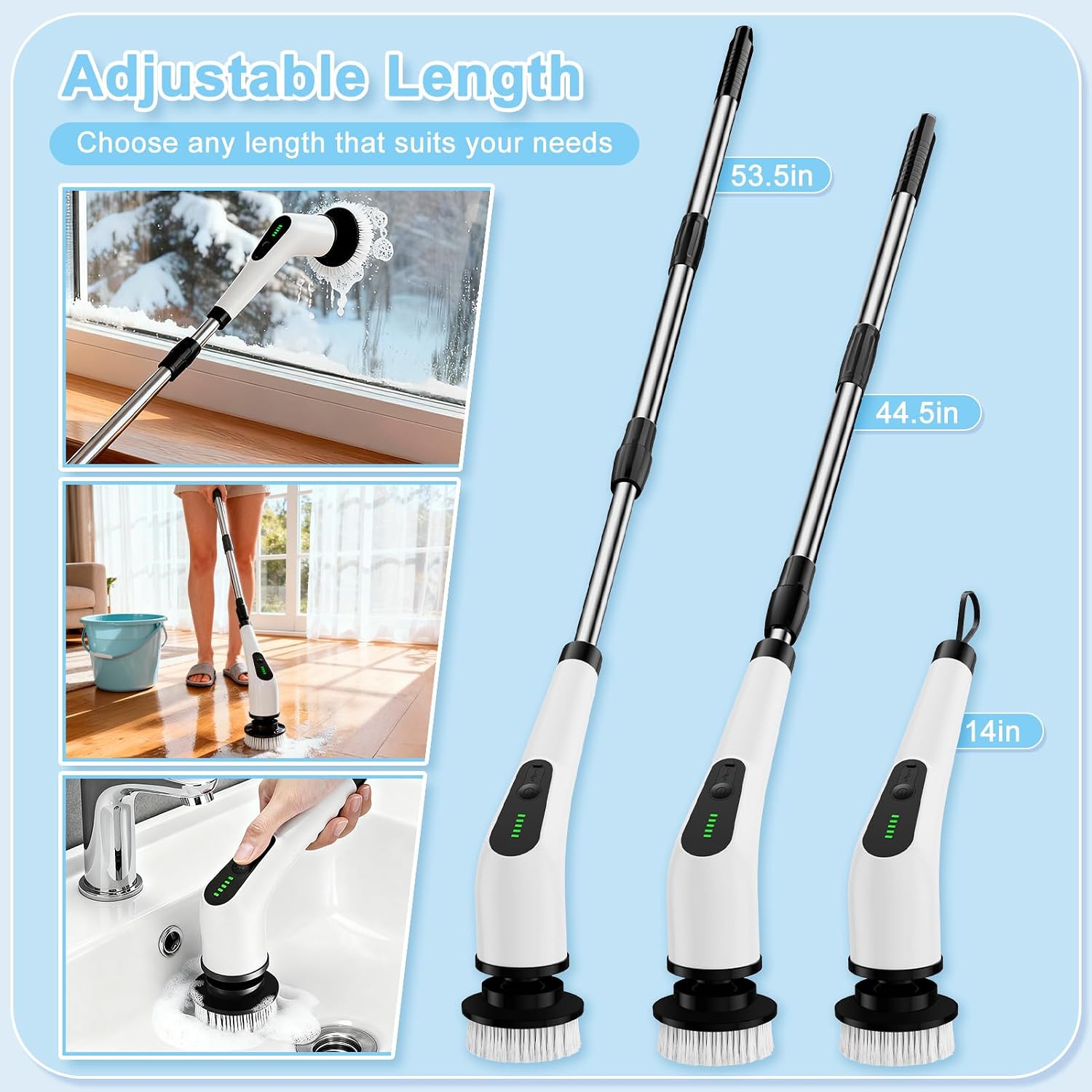 Electric Spin Scrubber, Cordless Cleaning Brush with 8 Replaceable Brush Heads, Shower Scrubber with Adjustable Extension Handle