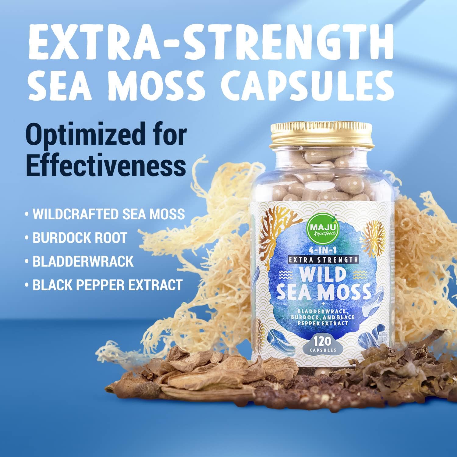 MAJU 4-in-1 Organic Sea Moss Capsules, Wild Chondrus Crispus, Seamoss w/Bladderwrack + Burdock Root, Stronger Than Gel, Irish