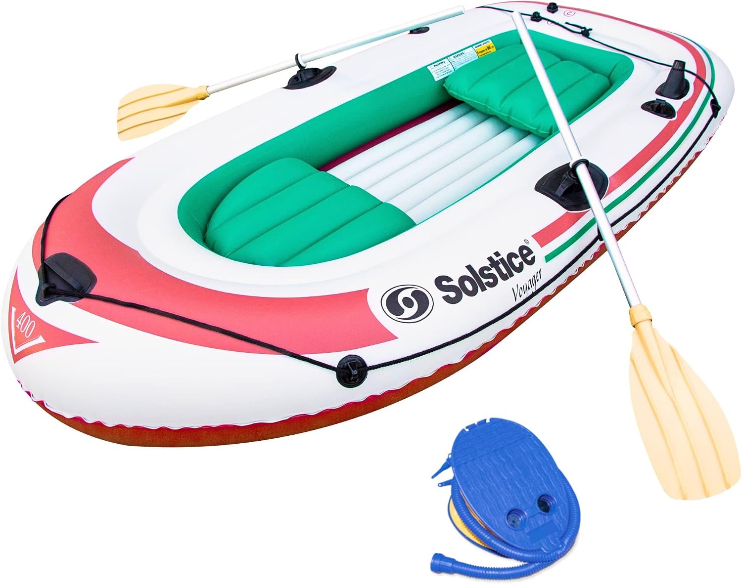 Solstice Voyager 4-Person Inflatable Fishing Boat with Dual Swivel Oar Locks and Rod -Holder, Motor Compatible 9' x 5'