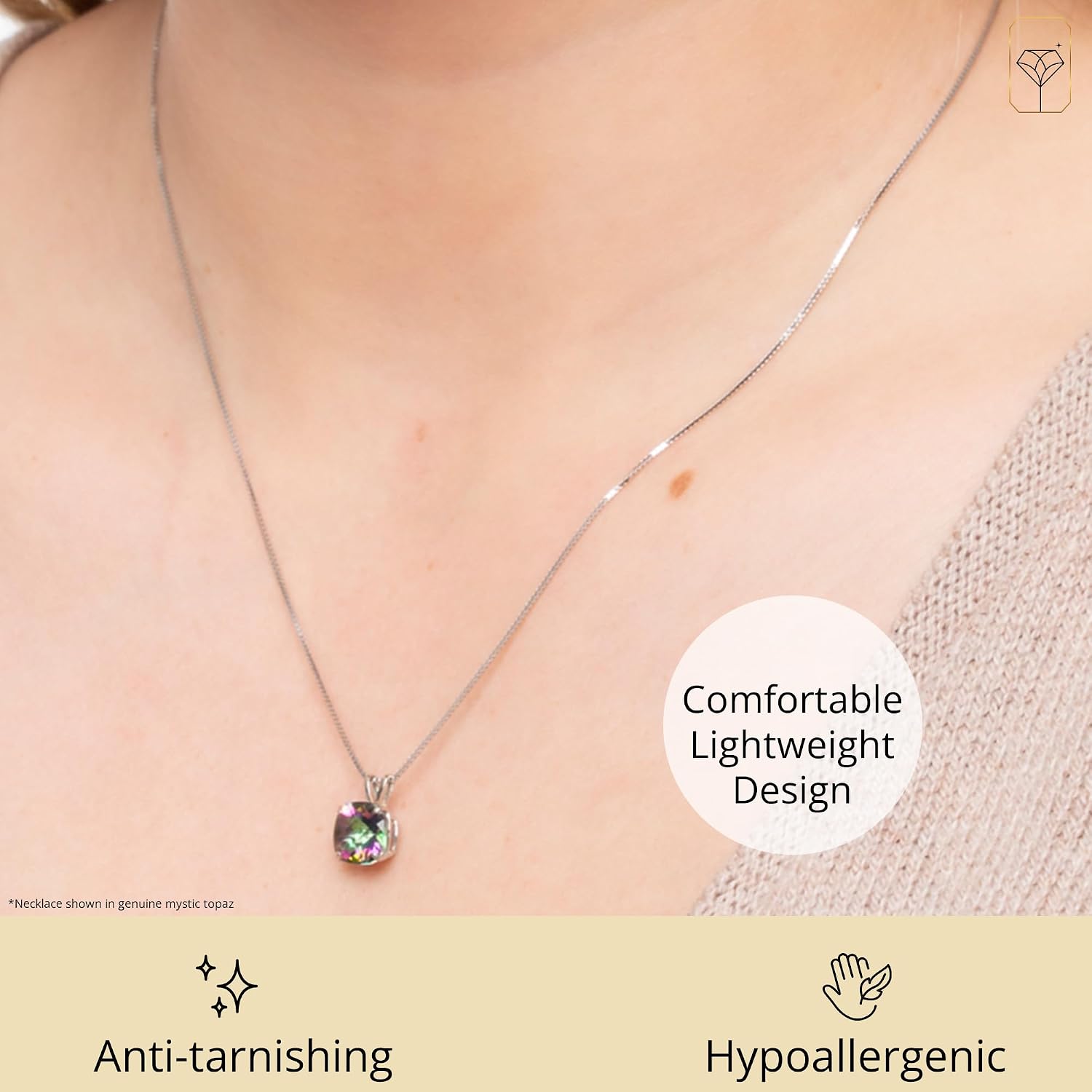 MAX + STONE 925 Sterling Silver Cushion Cut Birthstone Necklace for Women | 6mm Hypoallergenic Solitaire Necklace | Gemstone Pendant Necklaces with 18 inch Box Chain