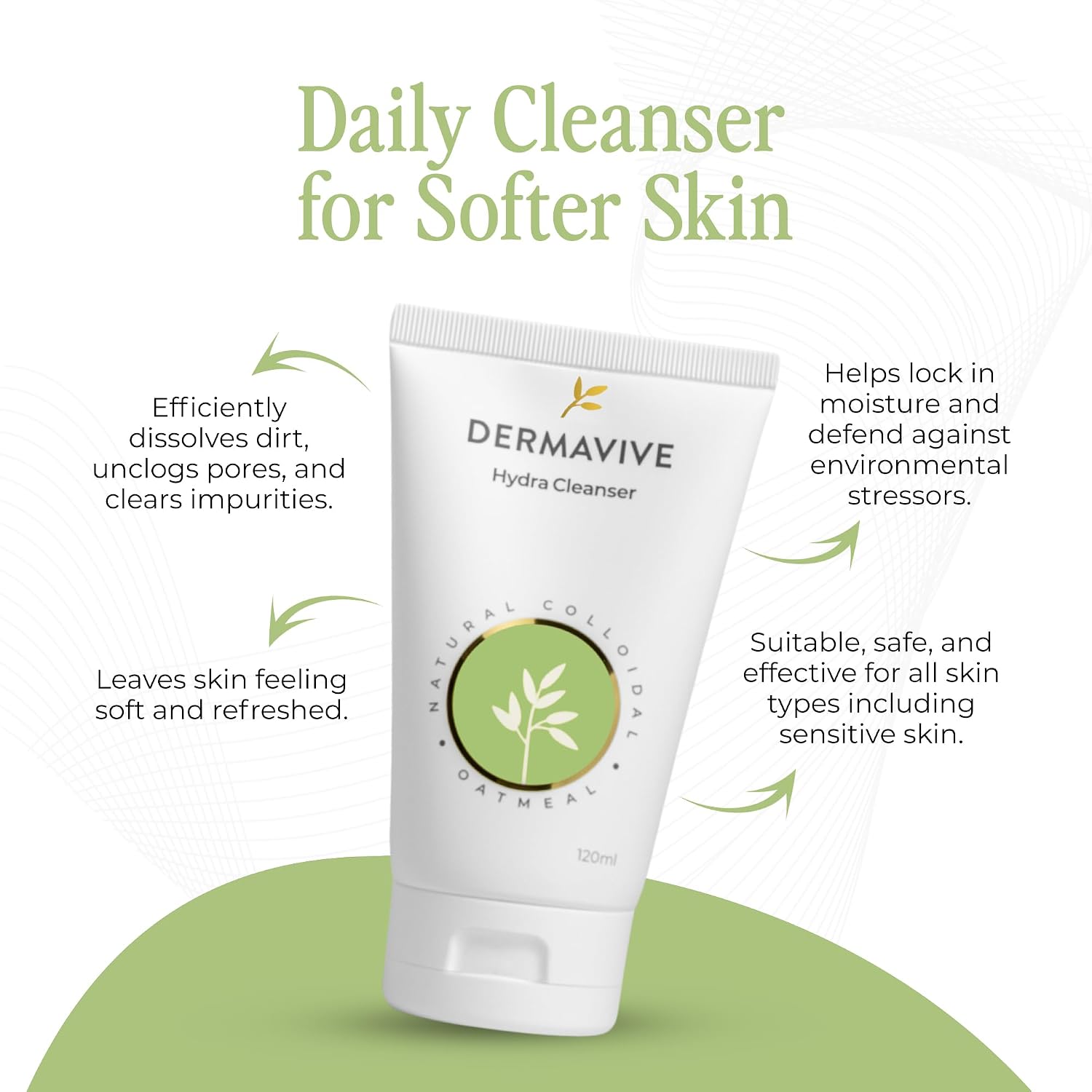 Dermavive Hydrating Facial Cleanser, Soap-Free Gentle Cleanser with Colloidal Oatmeal & Vitamin E, Soothes & Moisturizes Sensitive & Dry Skin