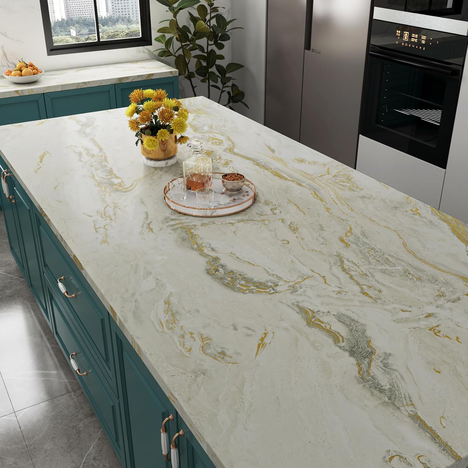 Yenhome Marble Countertop Contact Paper Waterproof Beige Gold Grey Marble Contact Paper for Countertops 17.7"X118" Self Adhesive Marble Wallpaper for Kitchen Matte Peel and Stick Countertop Wrap Vinyl