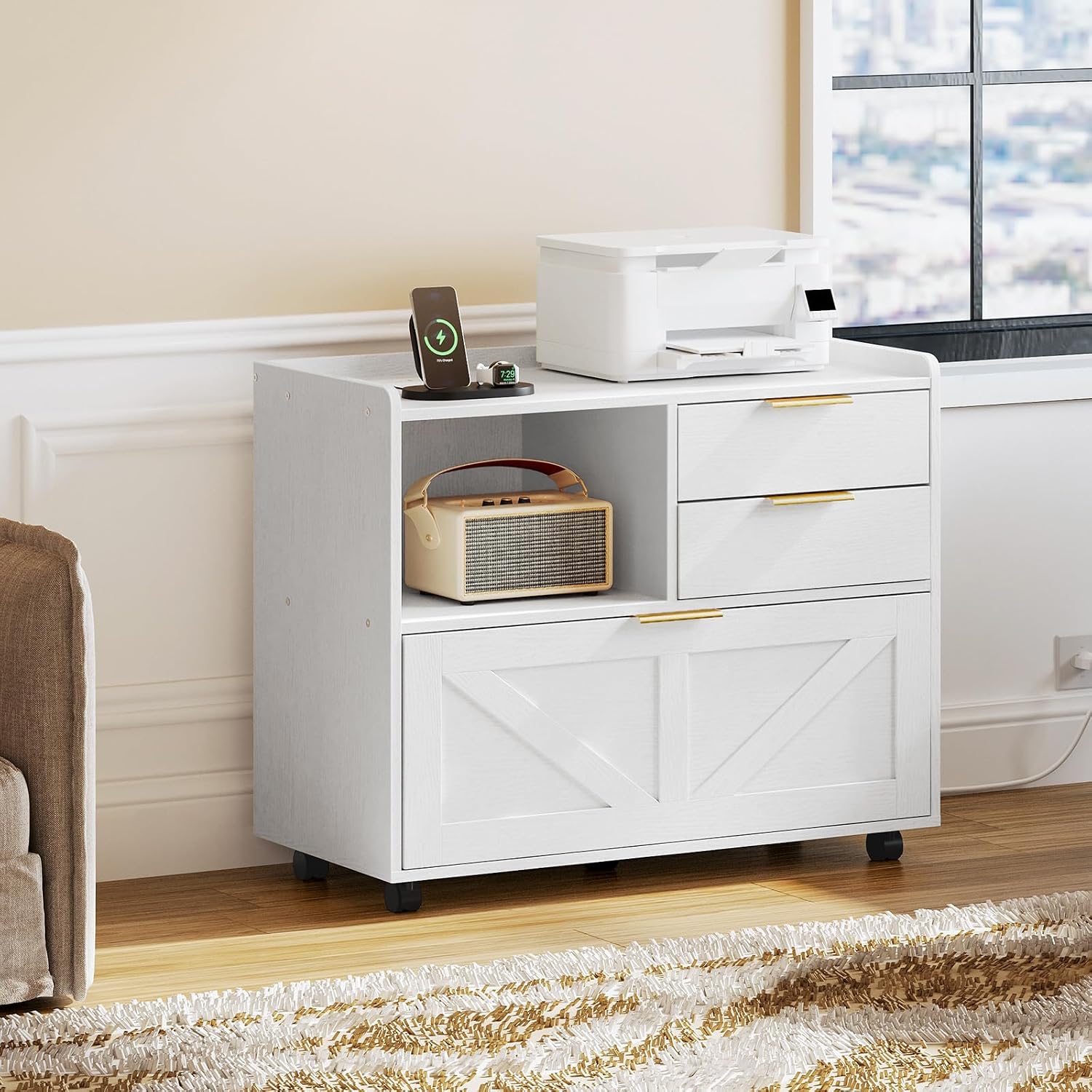 HOOBRO Lateral File Cabinet, Wooden Office Storage Drawers with Charging Station, Filing Cabinet for Home Office, A4/Letter/Legal-Sized Files, Printer Stand with Open Storage Spaces, White WT37UWJ01
