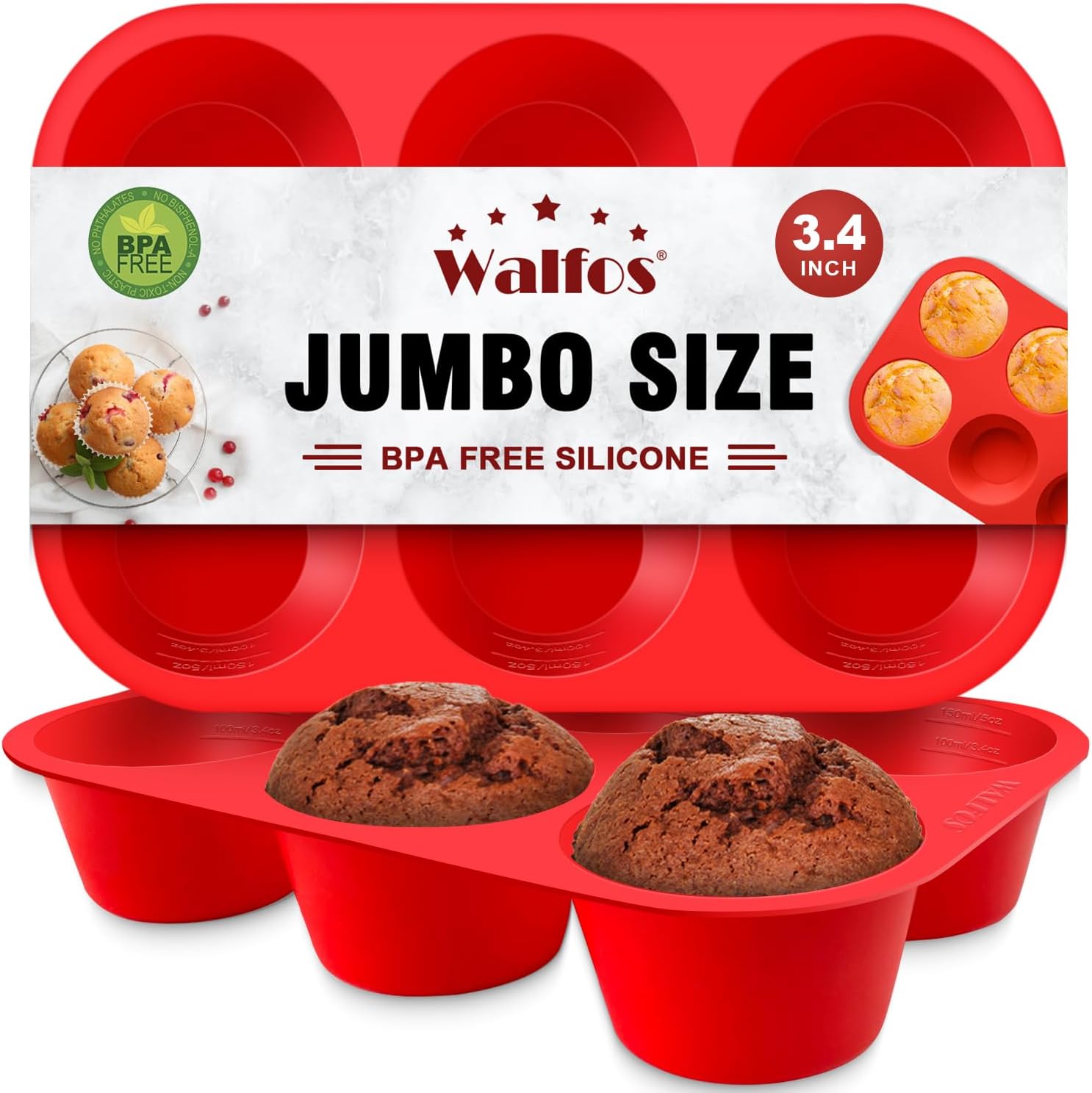 Walfos Silicone Texas Muffin Pan - 6 Cup Jumbo Silicone Cupcake Pan, Non-Stick, Just Release! Perfect for Egg Muffin