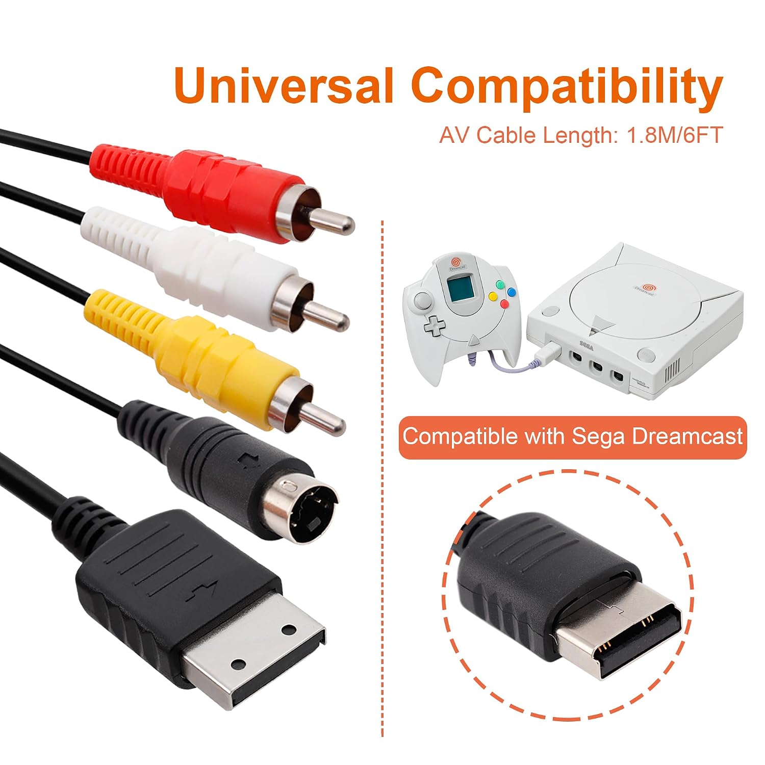 S Video RCA AV Cable for Dreamcast, S-Video Audio Video Cable Compatible with Sega Dreamcast DC, 1.8M/6FT