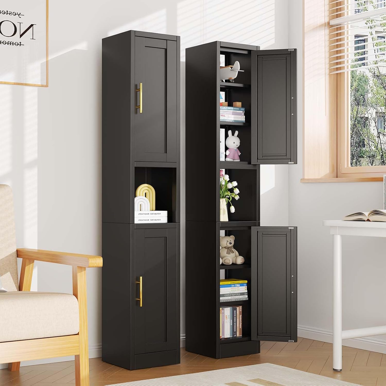 pozdeg 67" Tall Narrow White Metal Storage Cabinet | 2 Doors, 4 Adjustable Shelves, Freestanding Slim Pantry Organizer for Bathroom Kitchen Living Room