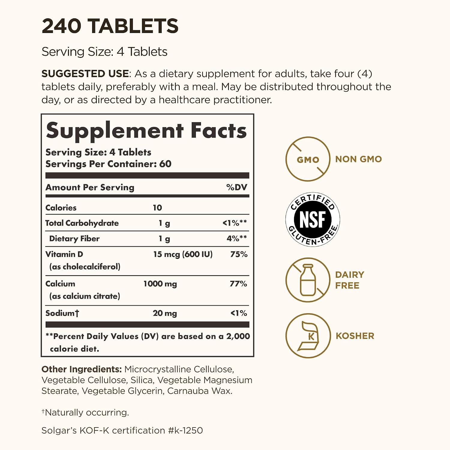 Solgar Calcium Citrate with Vitamin D3, 240 Tablets - 60 Servings | Promotes Healthy Bones & Teeth, Supports Musculoskeletal & Nervous Systems