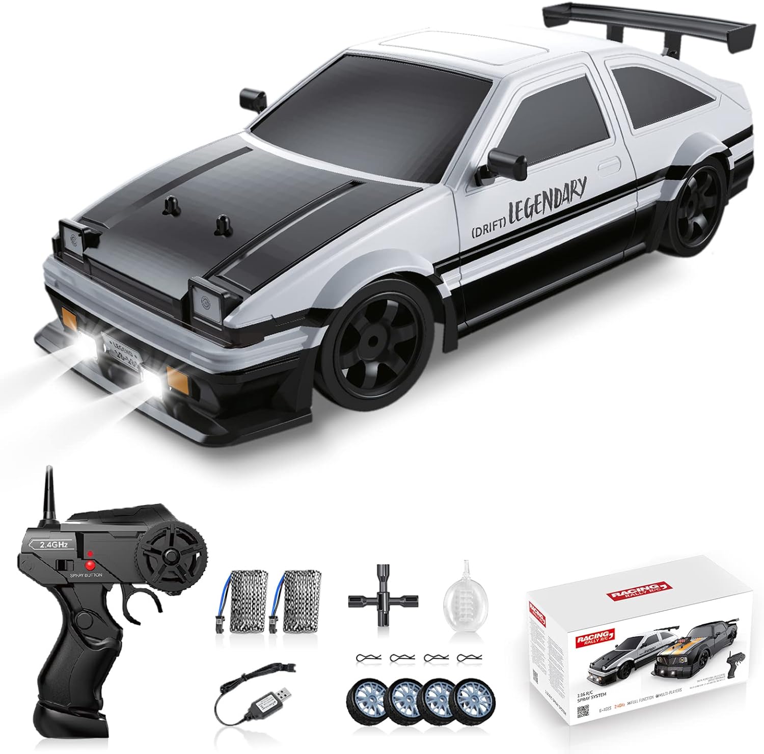 RC Drift Car 2.4GHz 1:16 Scale 4WD High Speed Remote Control Cars Vehicle with LED Lights Two Batteries and Drifting Tires Racing Sport Toy Cars for