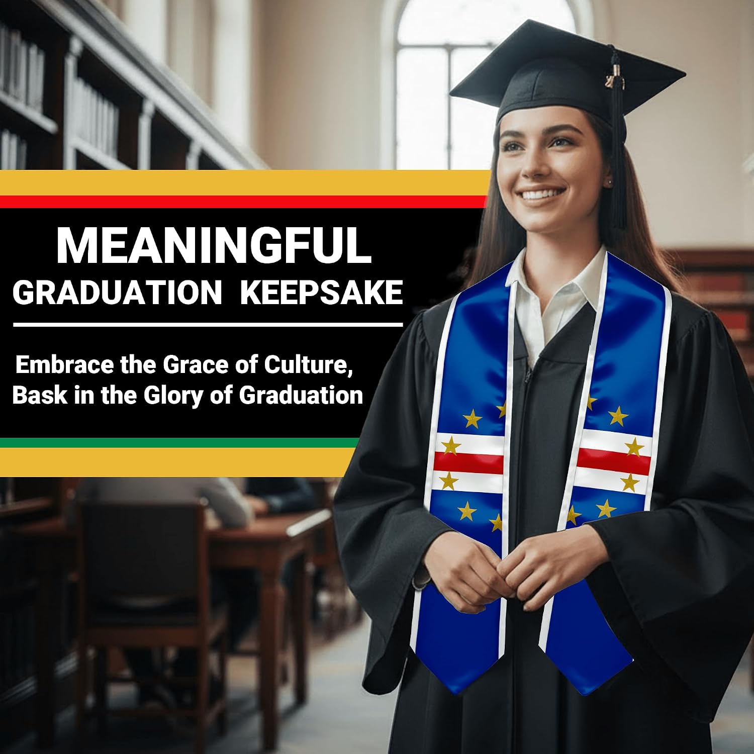 YOXEULL National Flag Embroidered Graduation Stole with Trim, Graduation Sash Graduates Gift, 72"