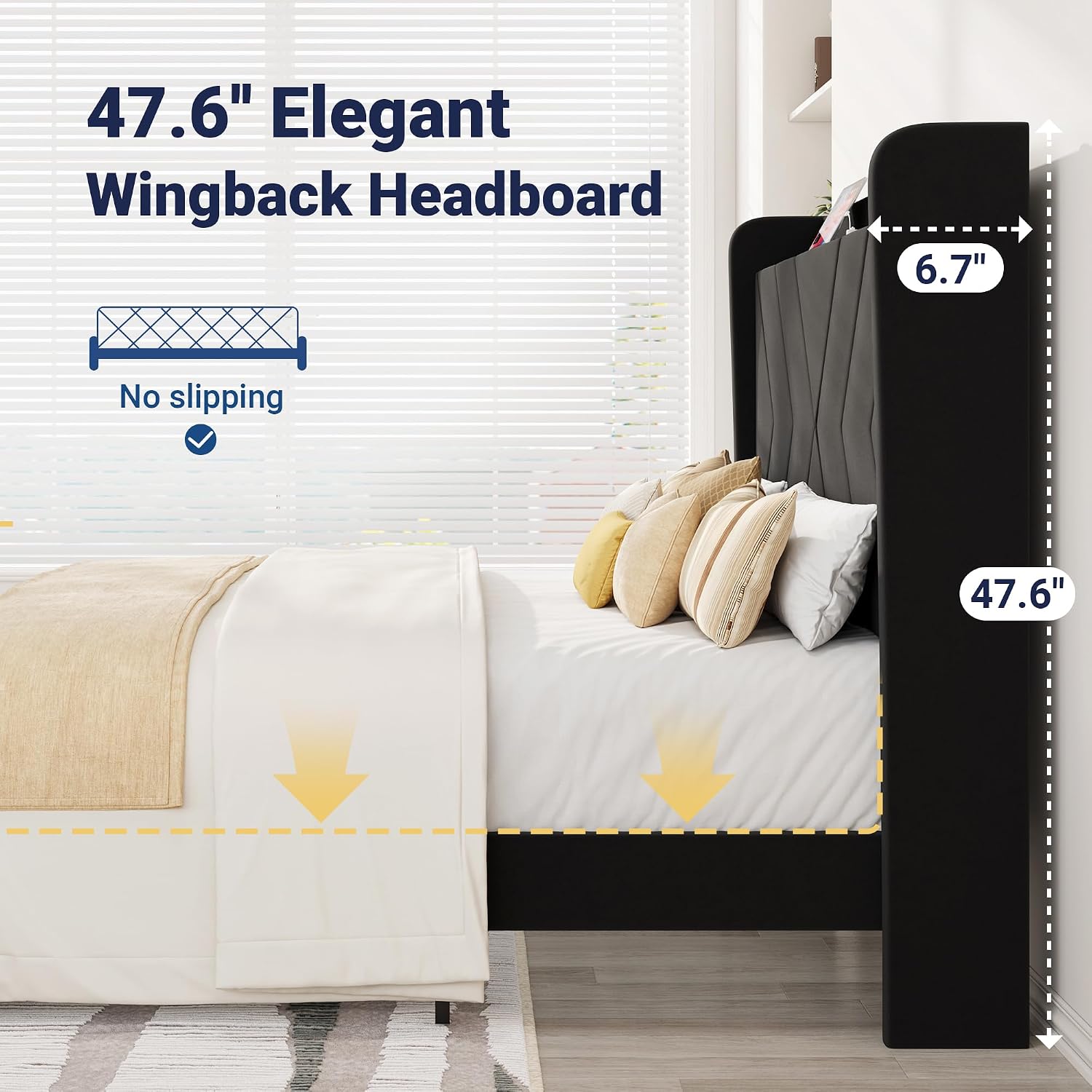 Allewie Full Size Platform Bed Frame with Charging Station and Storage Shelf/Upholstered Velvet Wingback Headboard/Wooden Slats Support/No Box Spring Needed/Easy Assembly, White